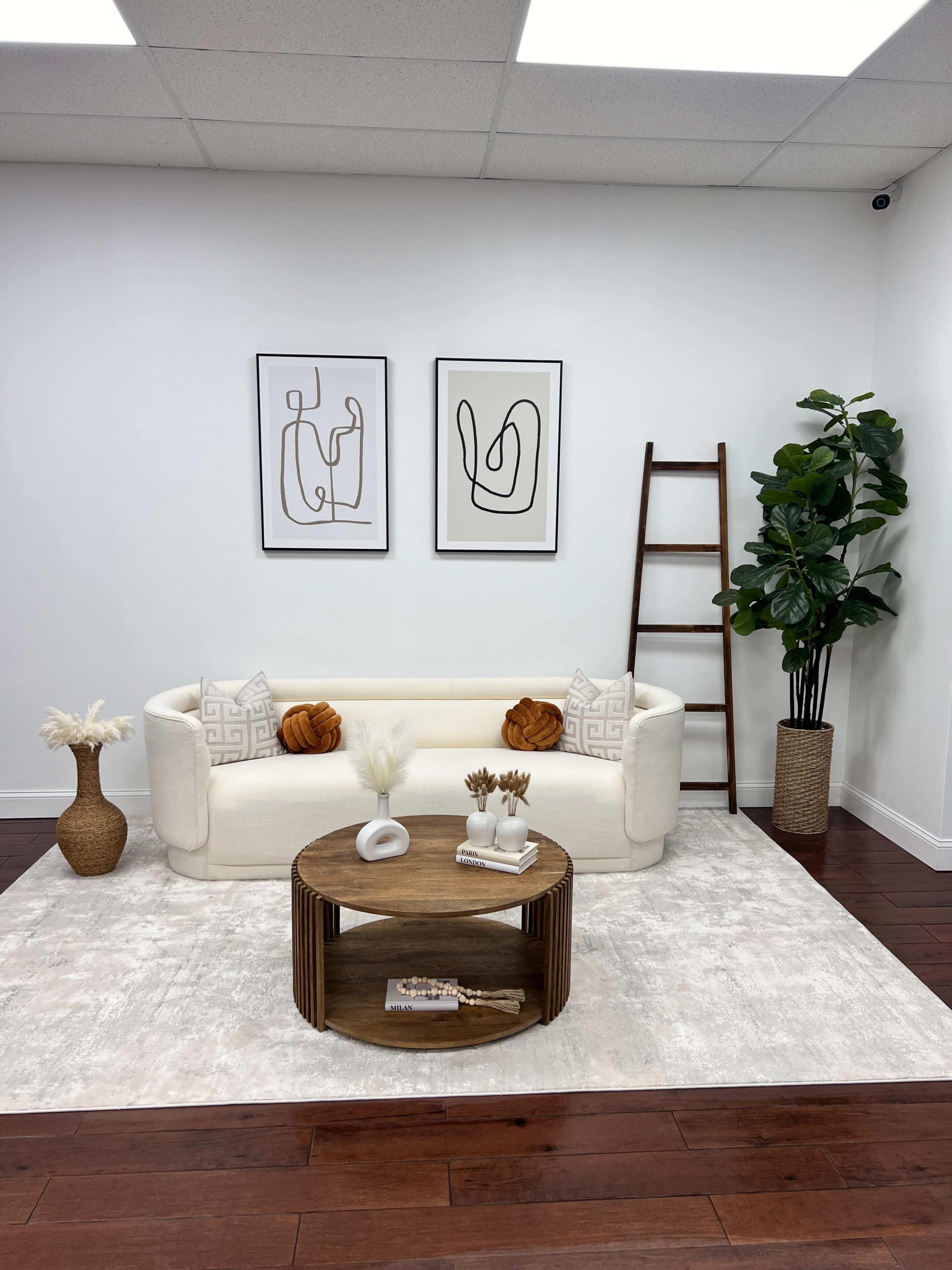 A modern living area with a white sofa, two abstract framed artworks on the wall, a round coffee table, and a tall plant near a decorative ladder.