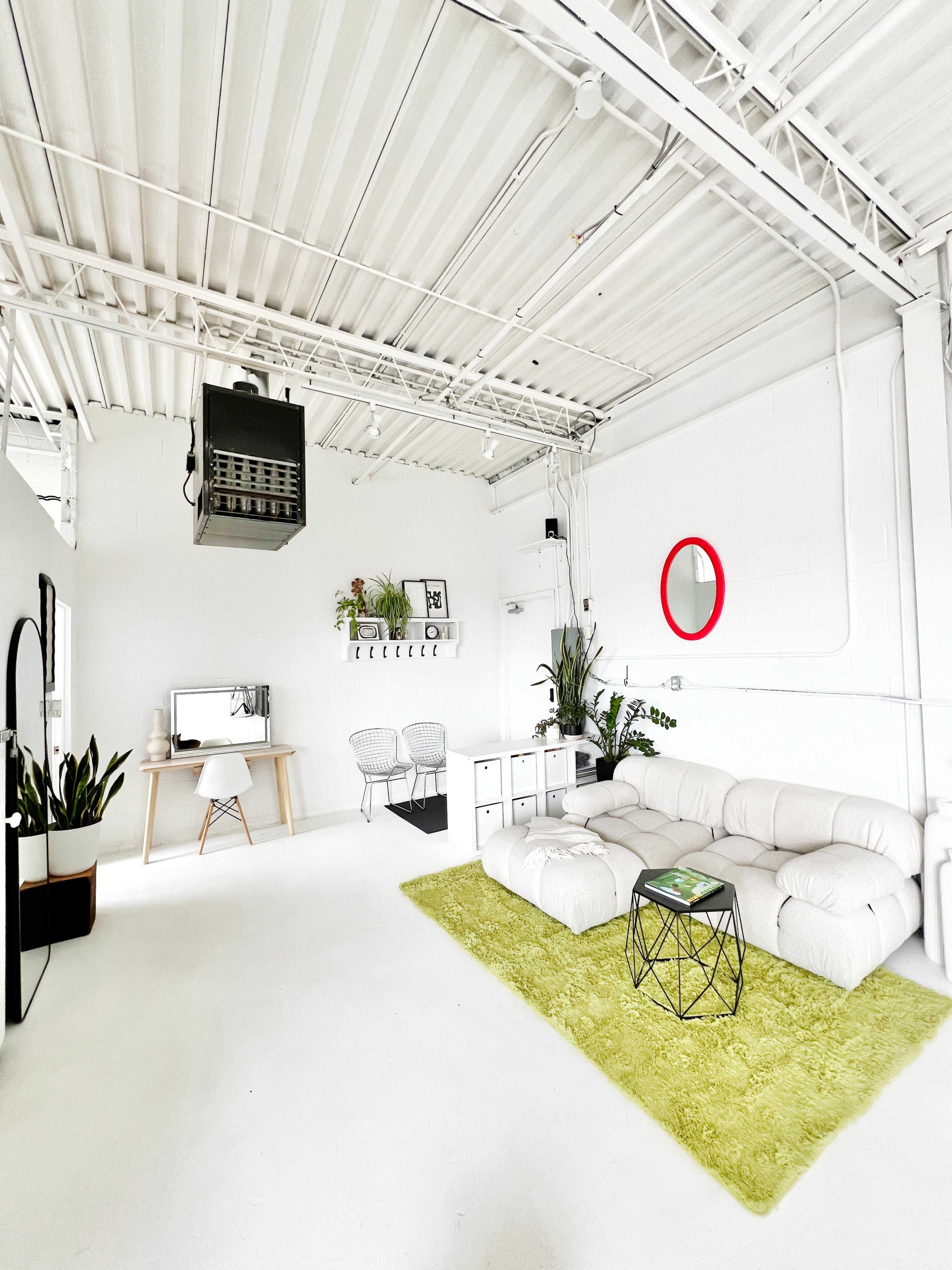 The image shows a bright, modern interior space with a white couch, a green rug, a desk with a computer, and several plants arranged decoratively.
