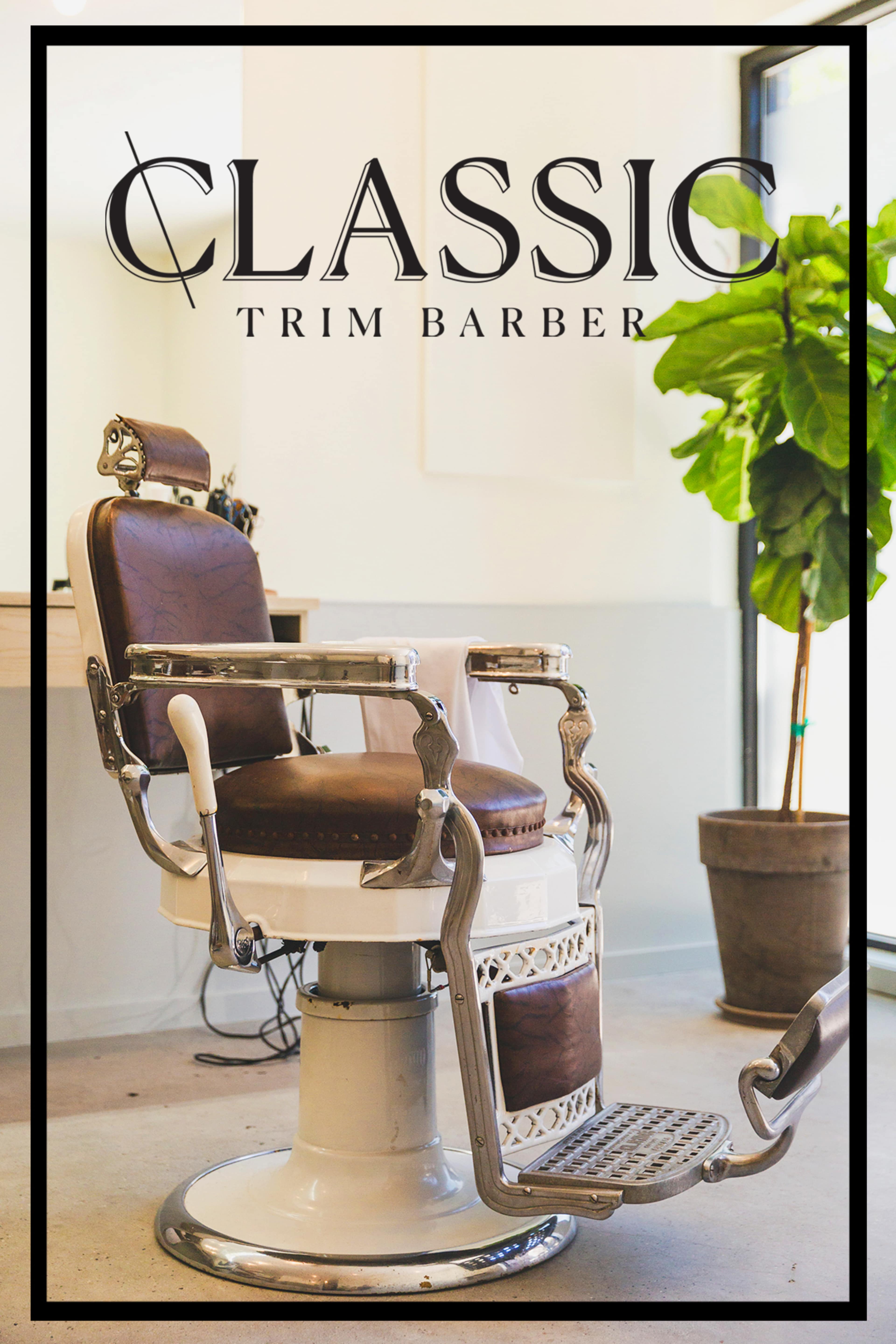 A vintage barber chair positioned in a bright salon next to a potted plant.