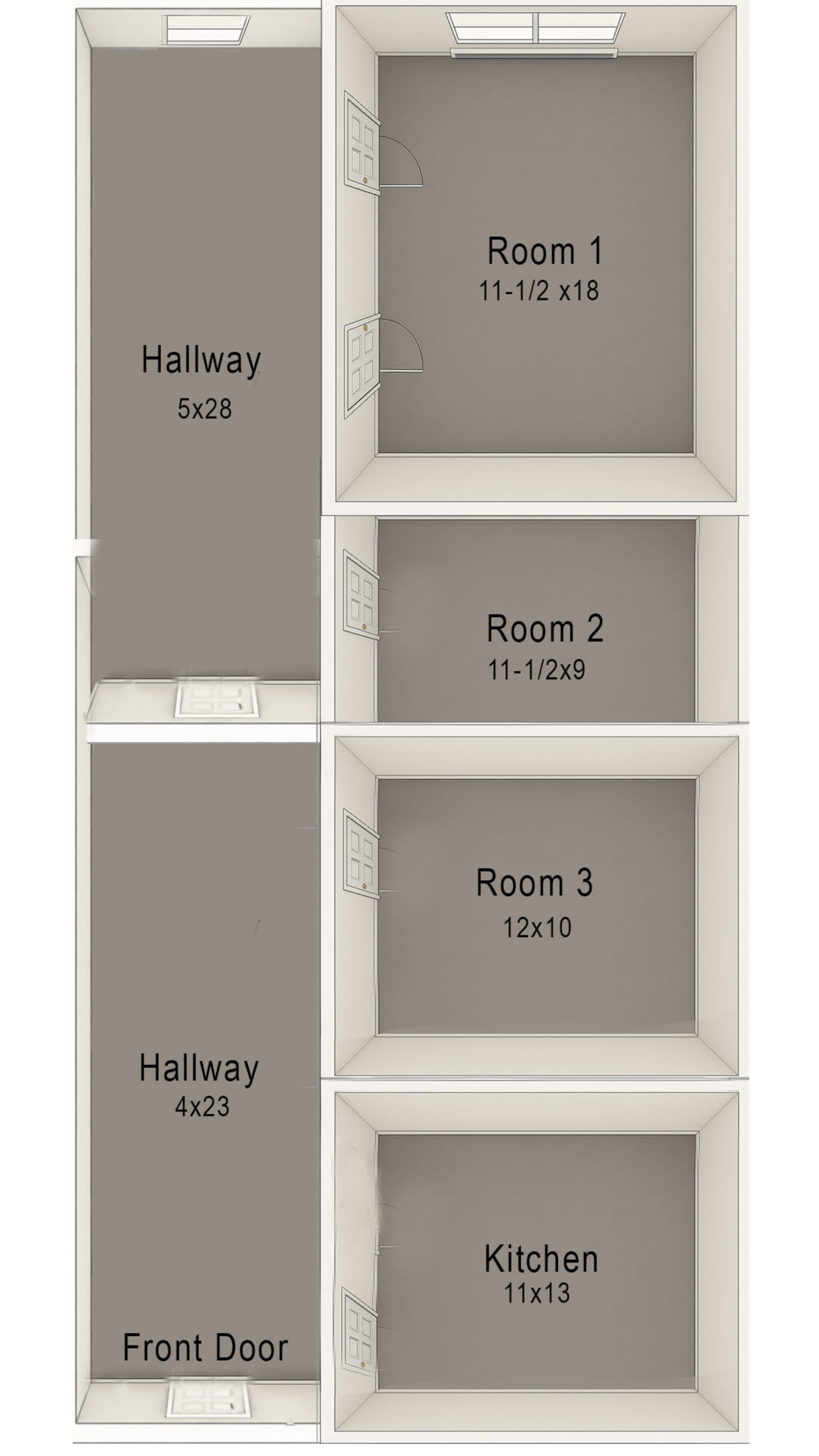The image shows a schematic layout of a space, including labeled rooms and hallways with their respective dimensions.
