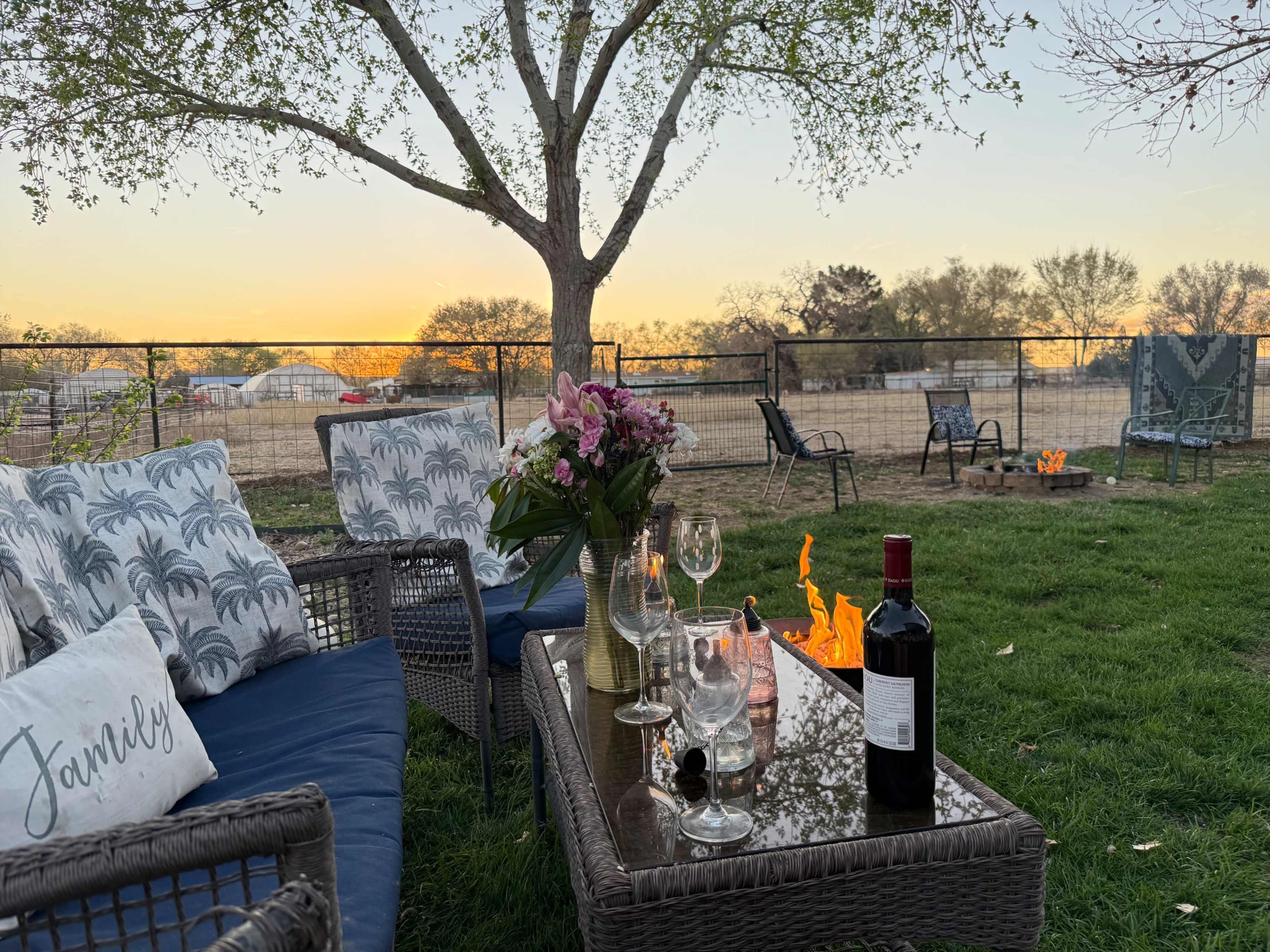 The scene features an outdoor seating area with a table holding a bottle of wine and glasses, surrounded by a grassy yard and a sunset in the background.