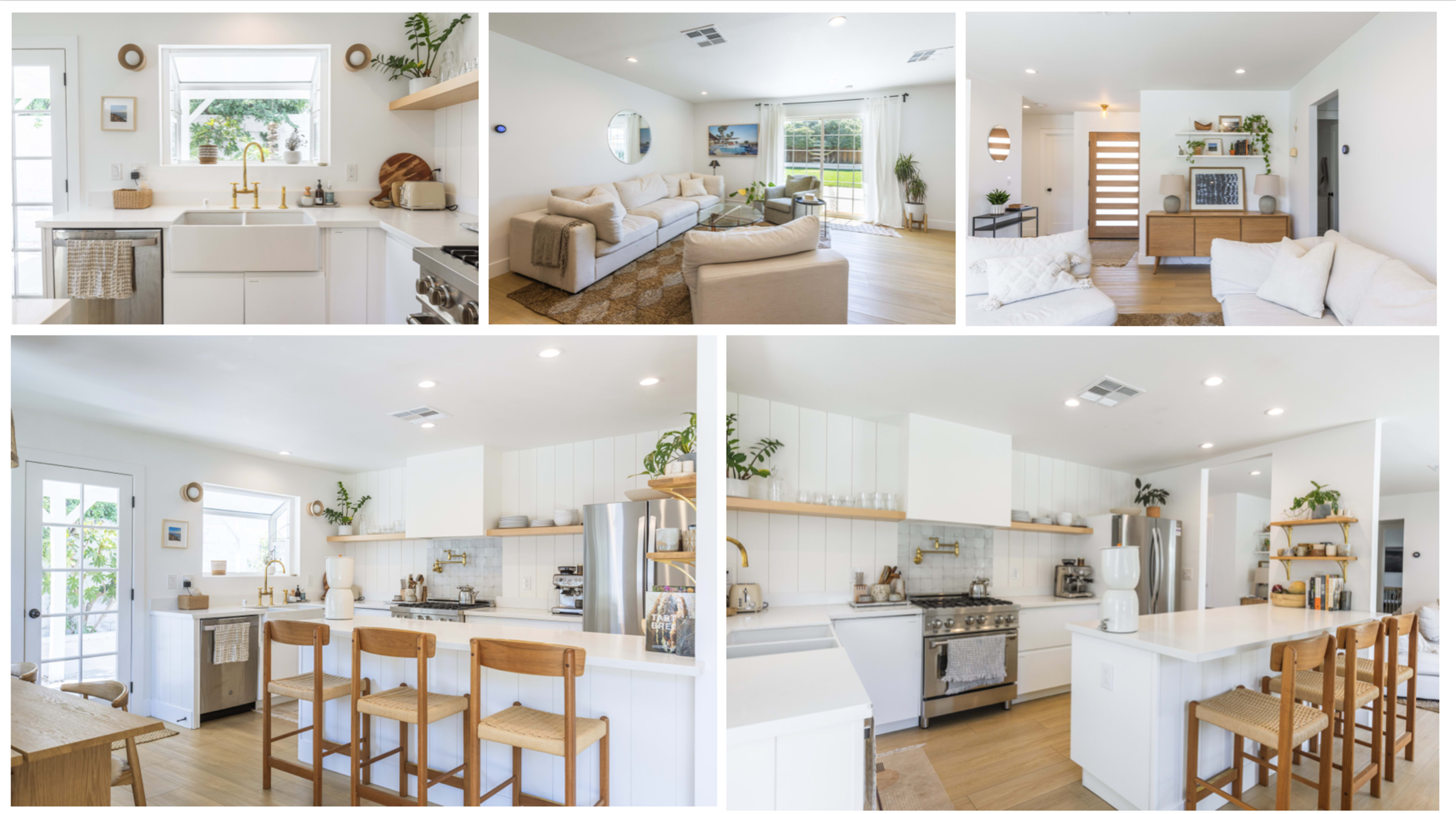 A modern open-concept living space, featuring a well-equipped kitchen, a dining area, and a cozy living room with ample seating.