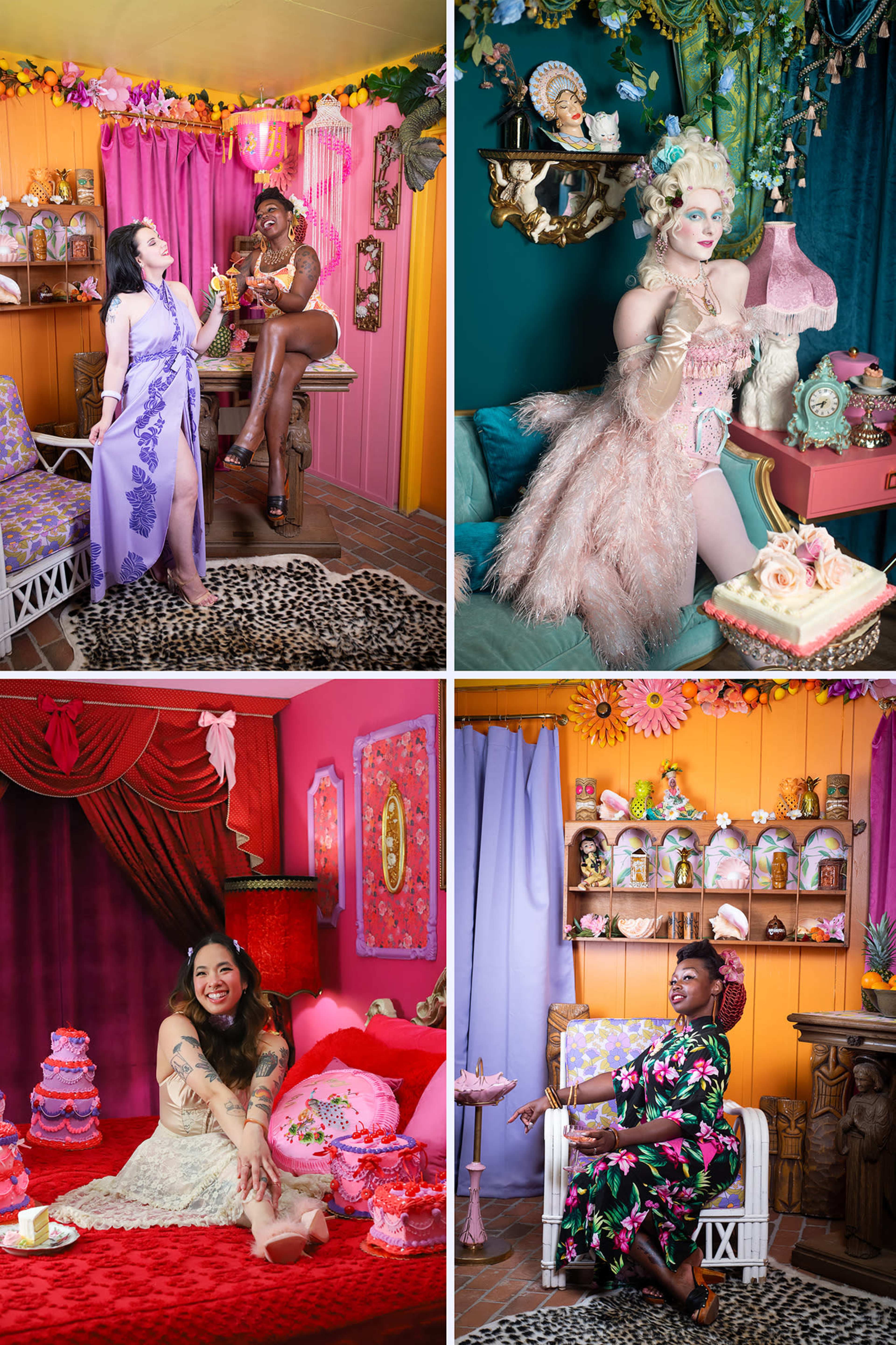 The image features four vibrant scenes, each showcasing individuals posed in colorful rooms filled with eclectic decor and themed furnishings.