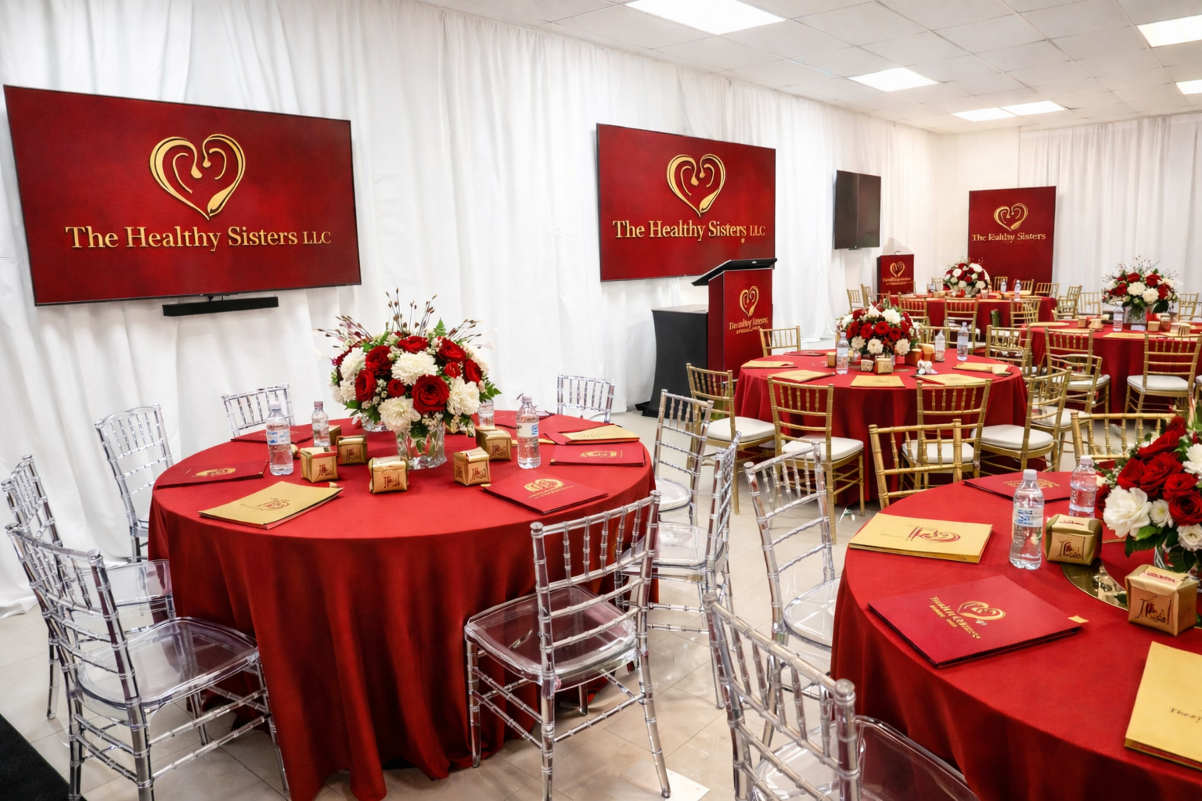 The image shows a well-decorated event space featuring round tables with red tablecloths, clear acrylic chairs, and floral centerpieces, along with two large screens displaying the logo of "The Healthy Sisters LLC."