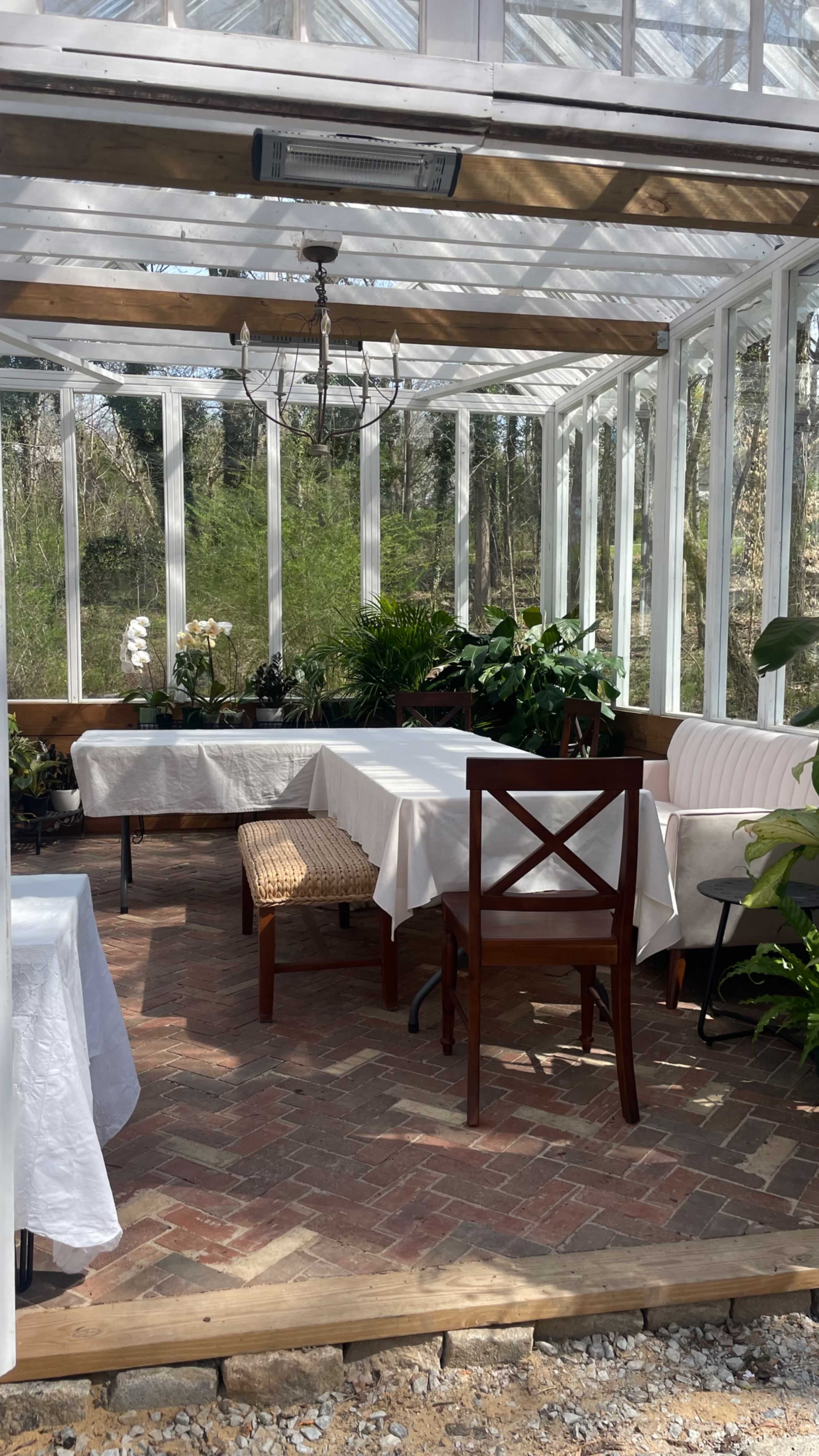 A bright greenhouse with wooden beams, tables covered in white tablecloths, and various potted plants arranged throughout.