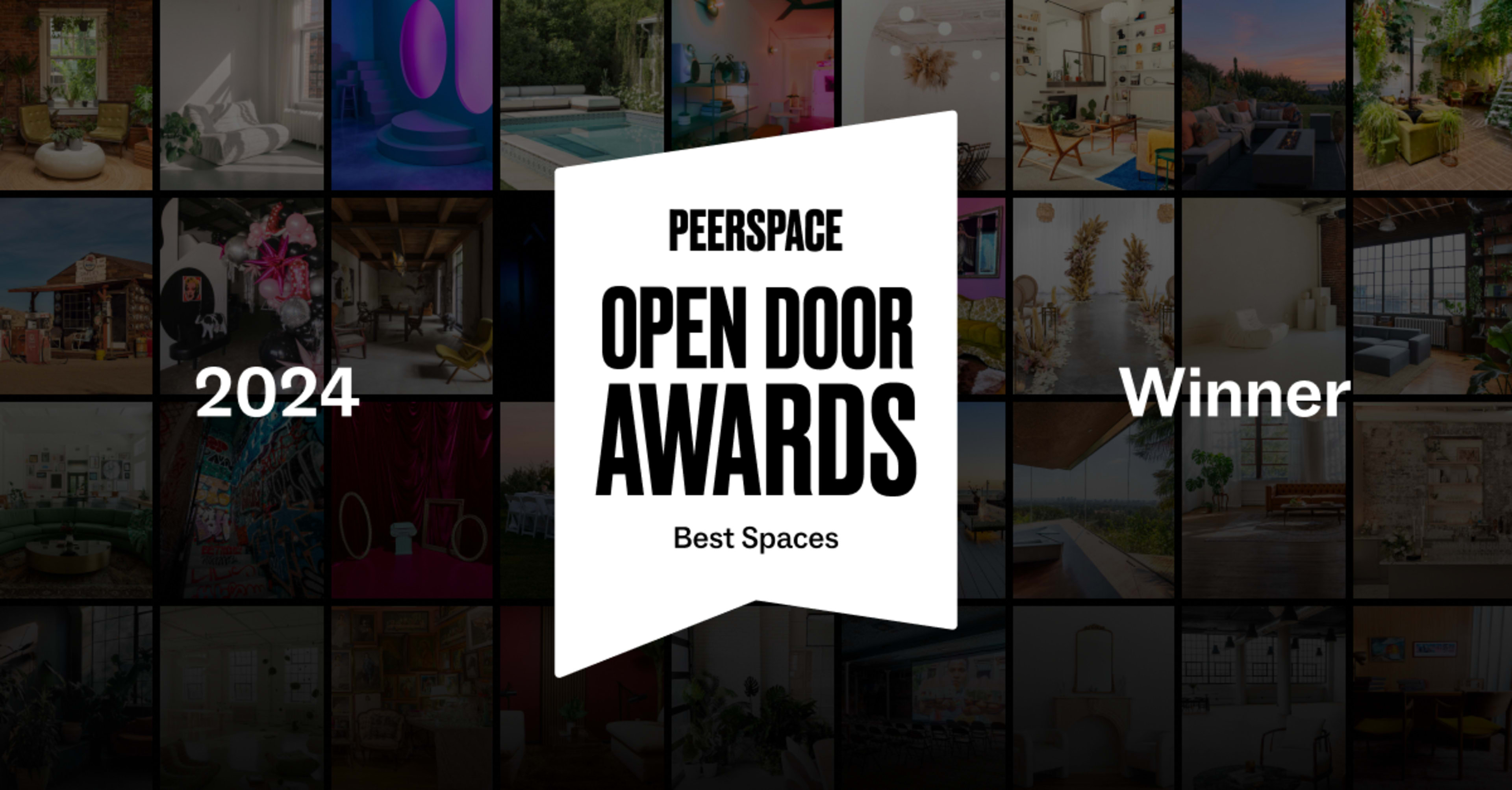 A collage of various interior and exterior spaces alongside a badge that reads "PEERSPACE OPEN DOOR AWARDS 2024 Winner Best Spaces."