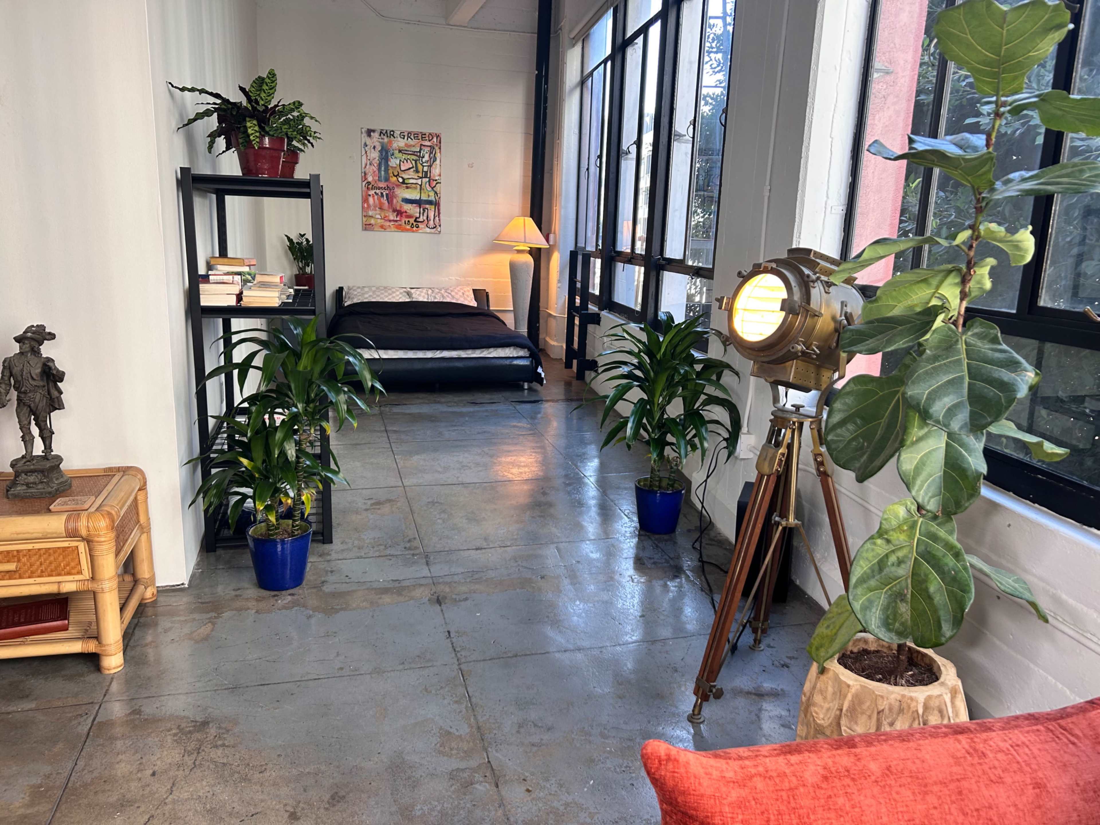 The image shows a spacious interior with a bed, a lamp, shelves filled with books, and potted plants, all set against a backdrop of large windows.