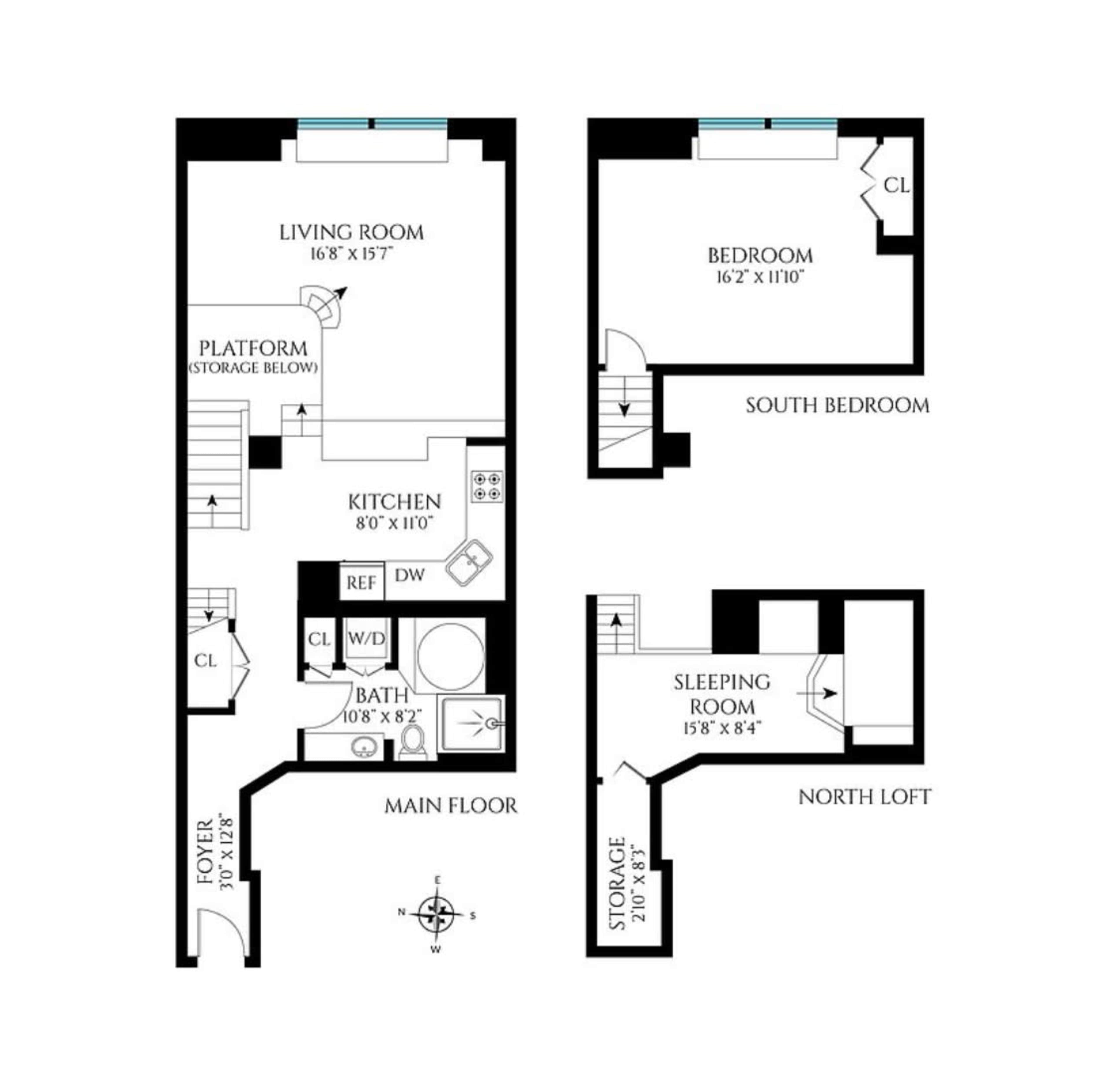 The image shows a floor plan of a two-story residence with labeled rooms, including a living room, kitchen, bedroom, and storage areas.