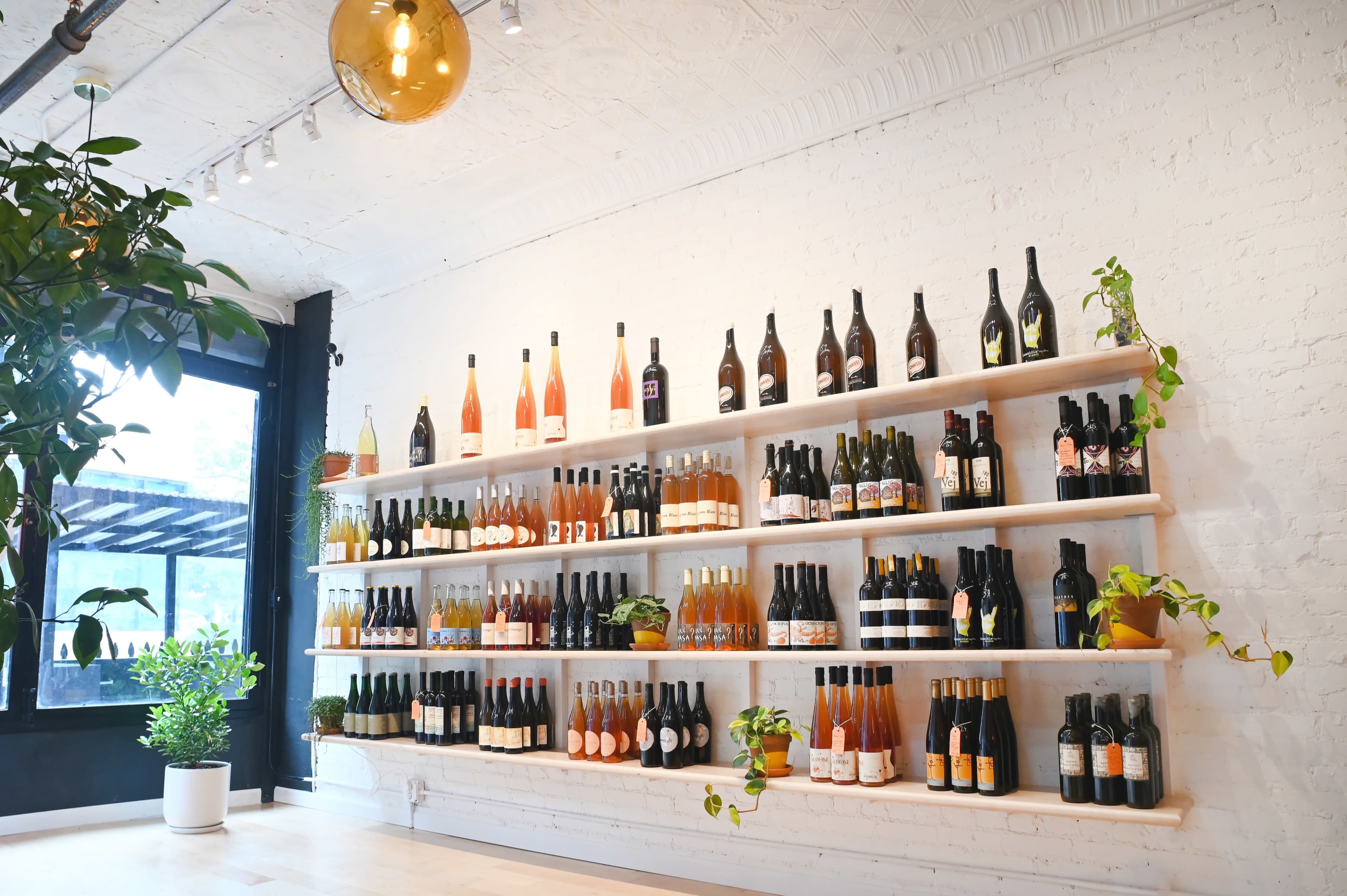 A wall-mounted shelf displays various bottles of beverages in a well-lit space.