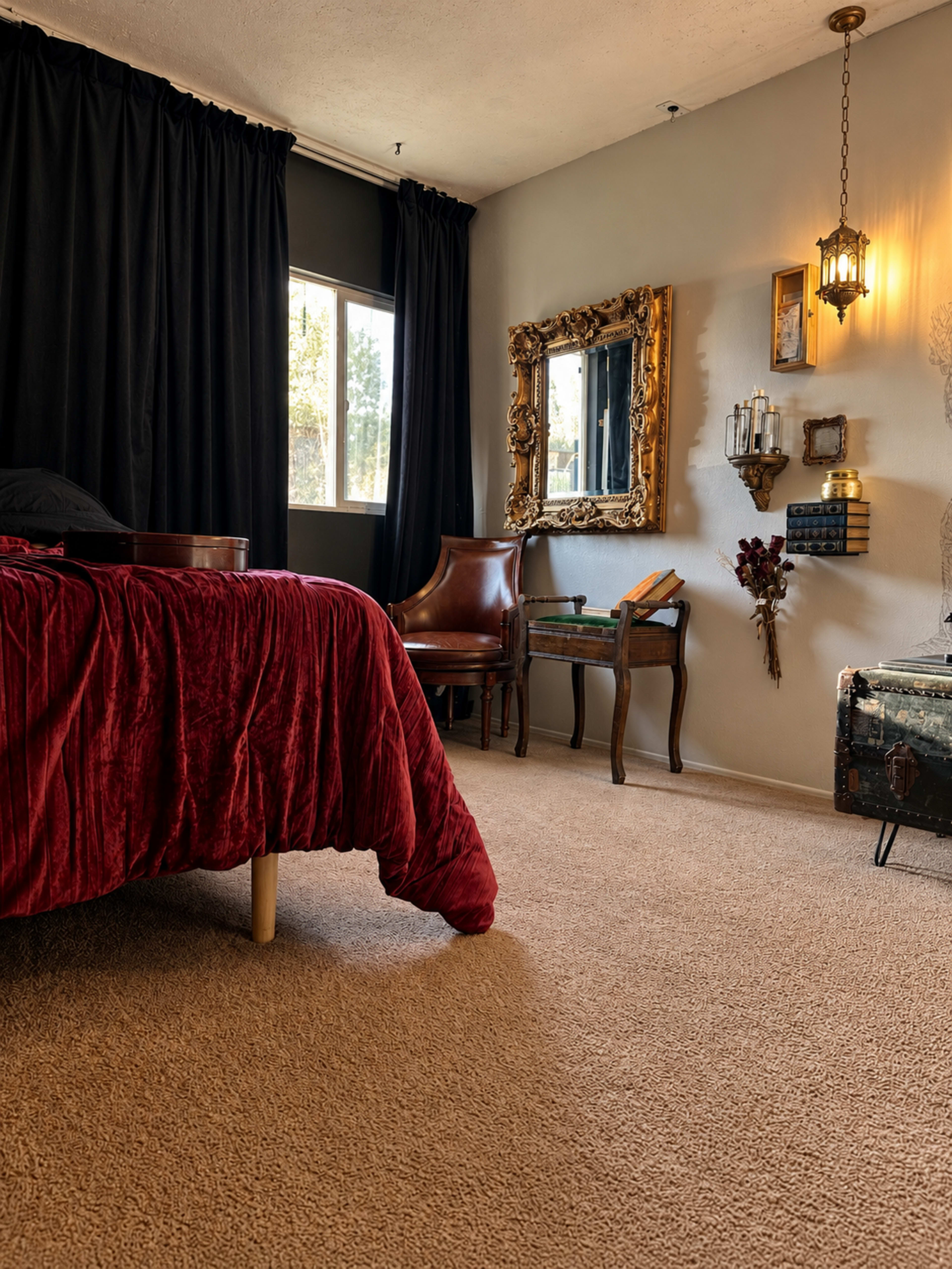 The image shows a cozy bedroom with a red bedspread, a vintage mirror on one wall, and a chair next to a wooden table, all illuminated by natural light from a window.