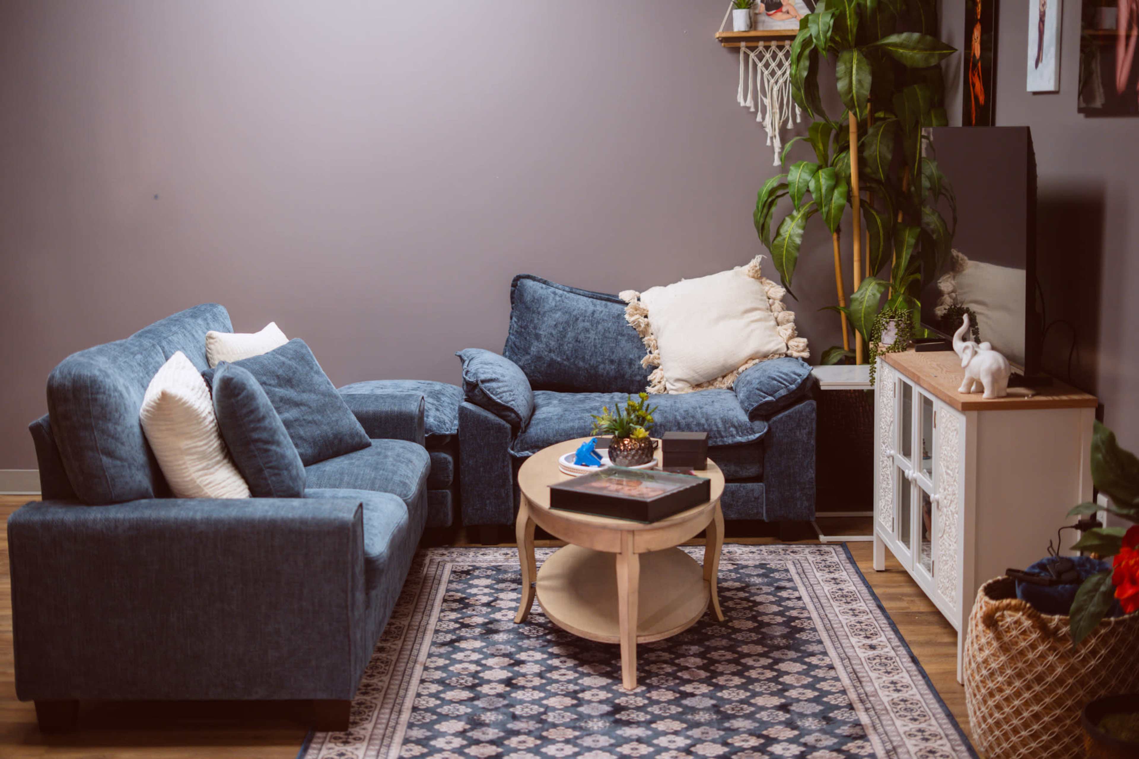 The image shows a cozy living room setup with a blue fabric sofa and armchair, a round wooden coffee table, and a potted plant beside a TV stand against a gray wall.