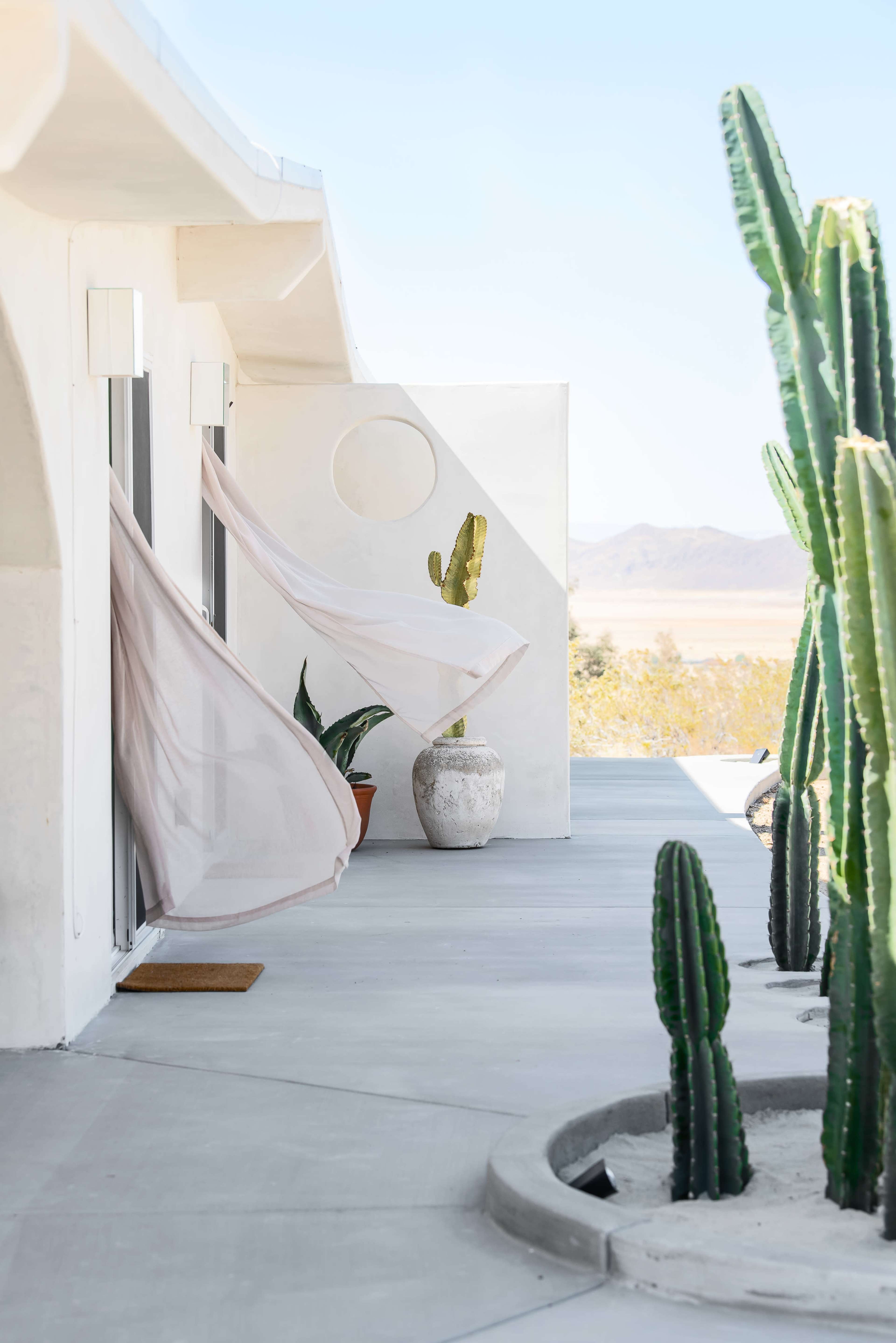 A modern exterior features sheer curtains blowing in the breeze, potted plants, and cacti along a smooth concrete patio.