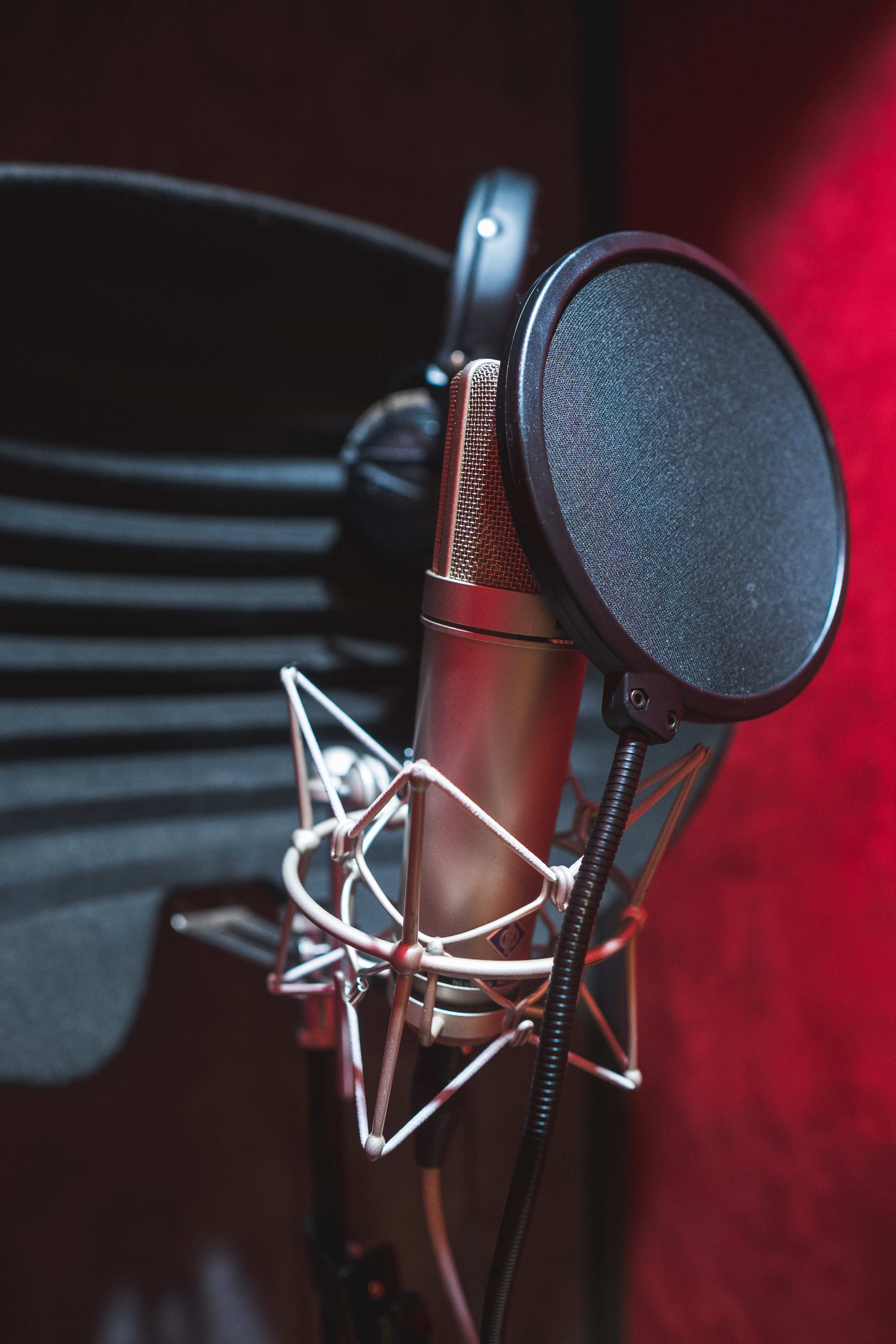 A microphone with a pop filter is positioned in front of a soundproof booth.