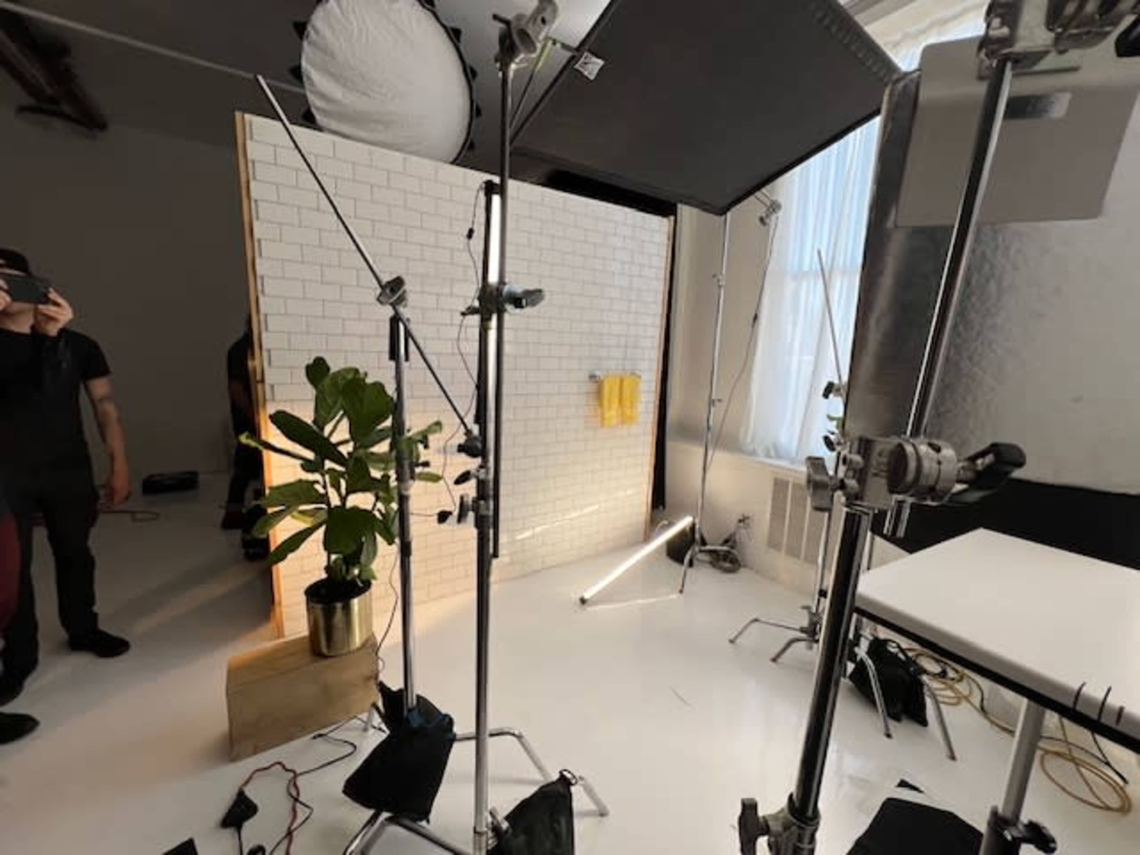 The image shows a photography studio setup with lighting equipment, a tiled backdrop, a potted plant, and a table.