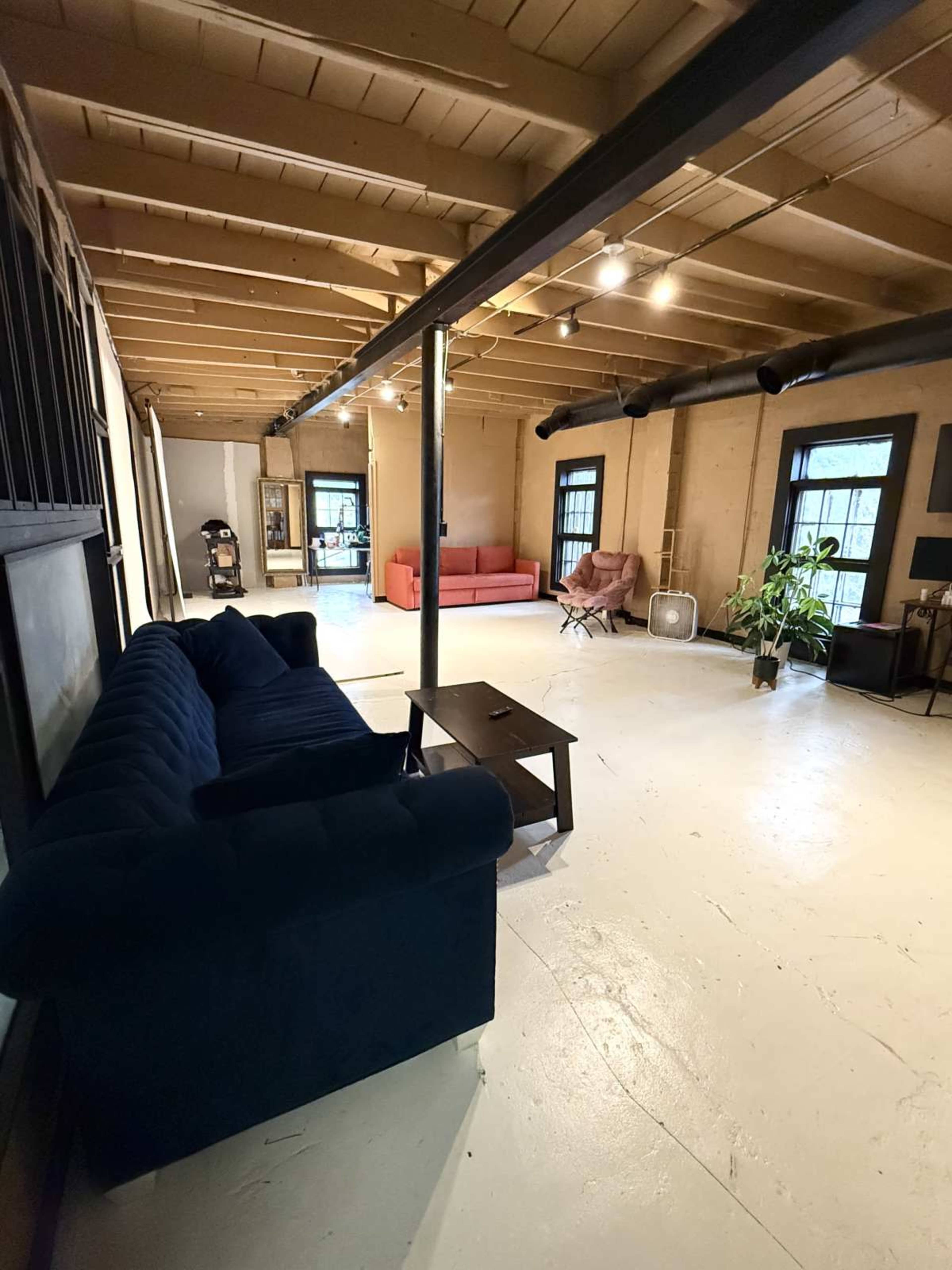 The image shows a spacious room with two sofas, one blue and one red, and various furnishings including a coffee table and a plant.