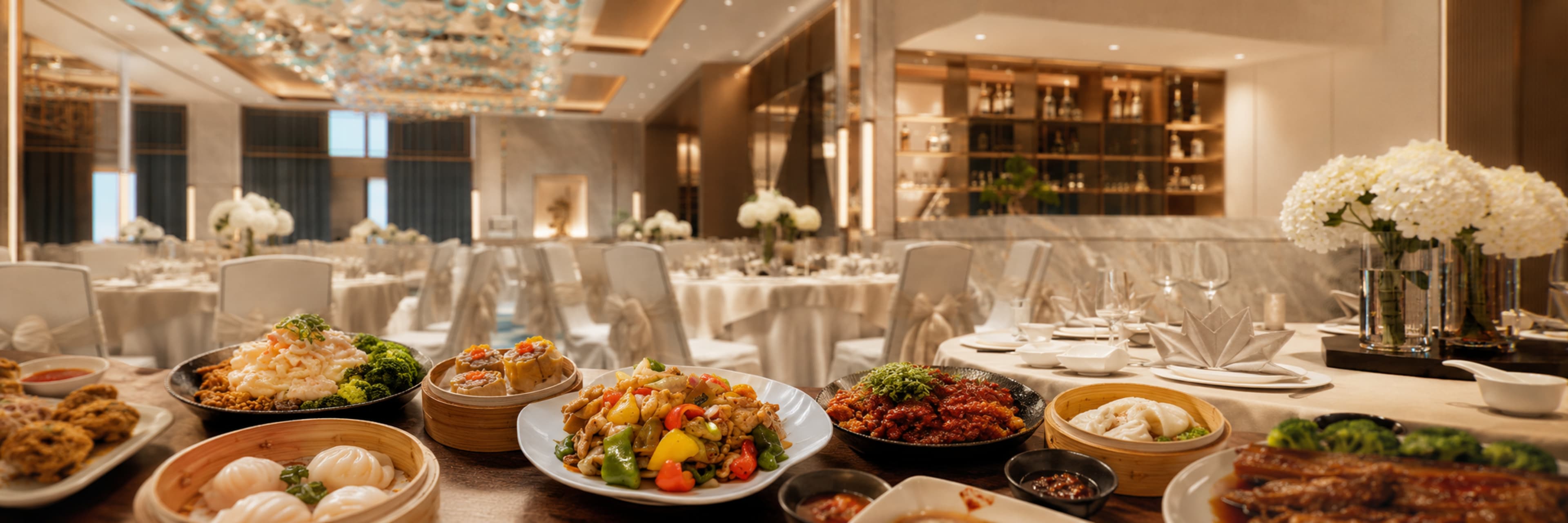 The image shows a beautifully set dining room with a large spread of various dishes on a table, including dumplings, vegetables, and sauces, surrounded by elegantly arranged tables for guests.