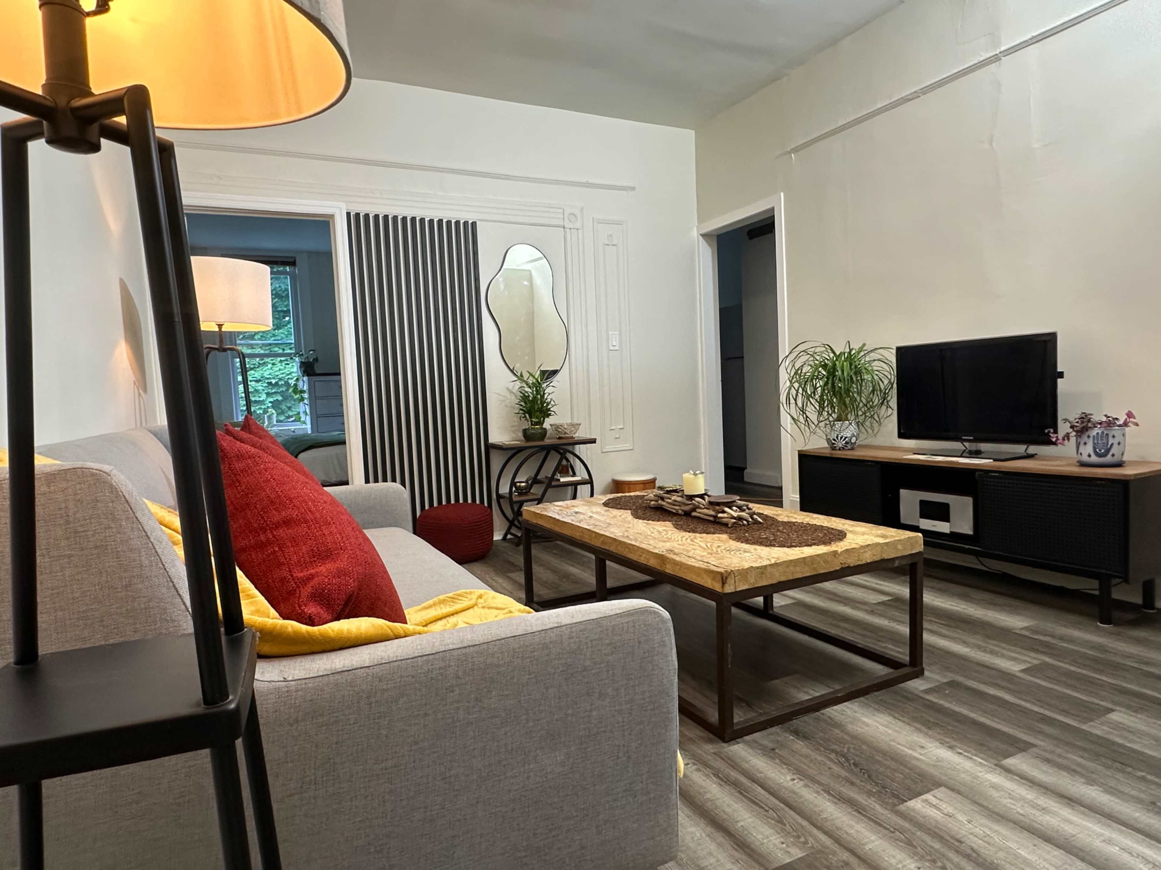 A living room features a gray sofa with colorful cushions, a wooden coffee table, a television on a black stand, and plants in the space.
