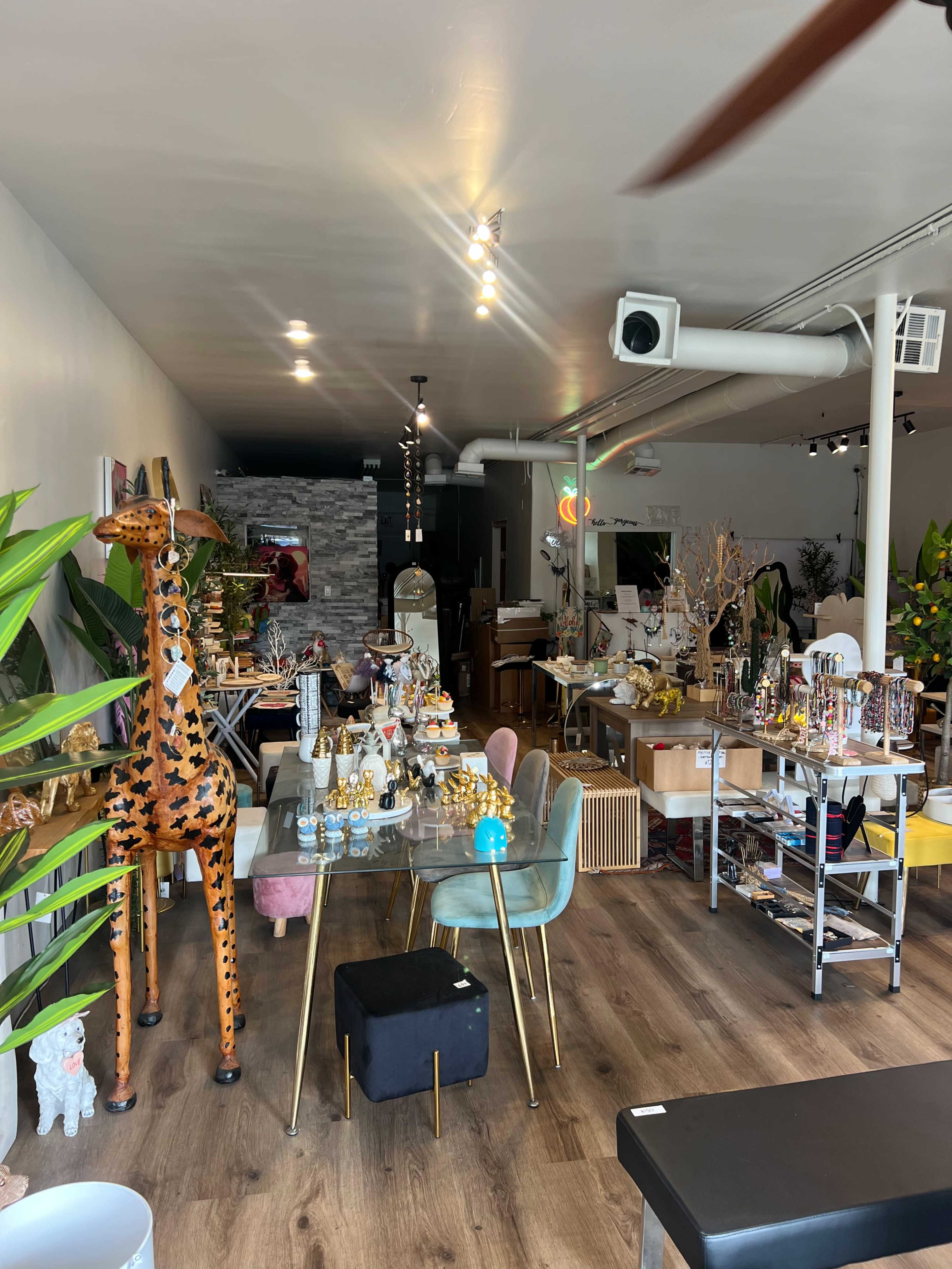 The image shows a vibrant shop interior filled with various decorative items, furniture, and plants arranged throughout the space.