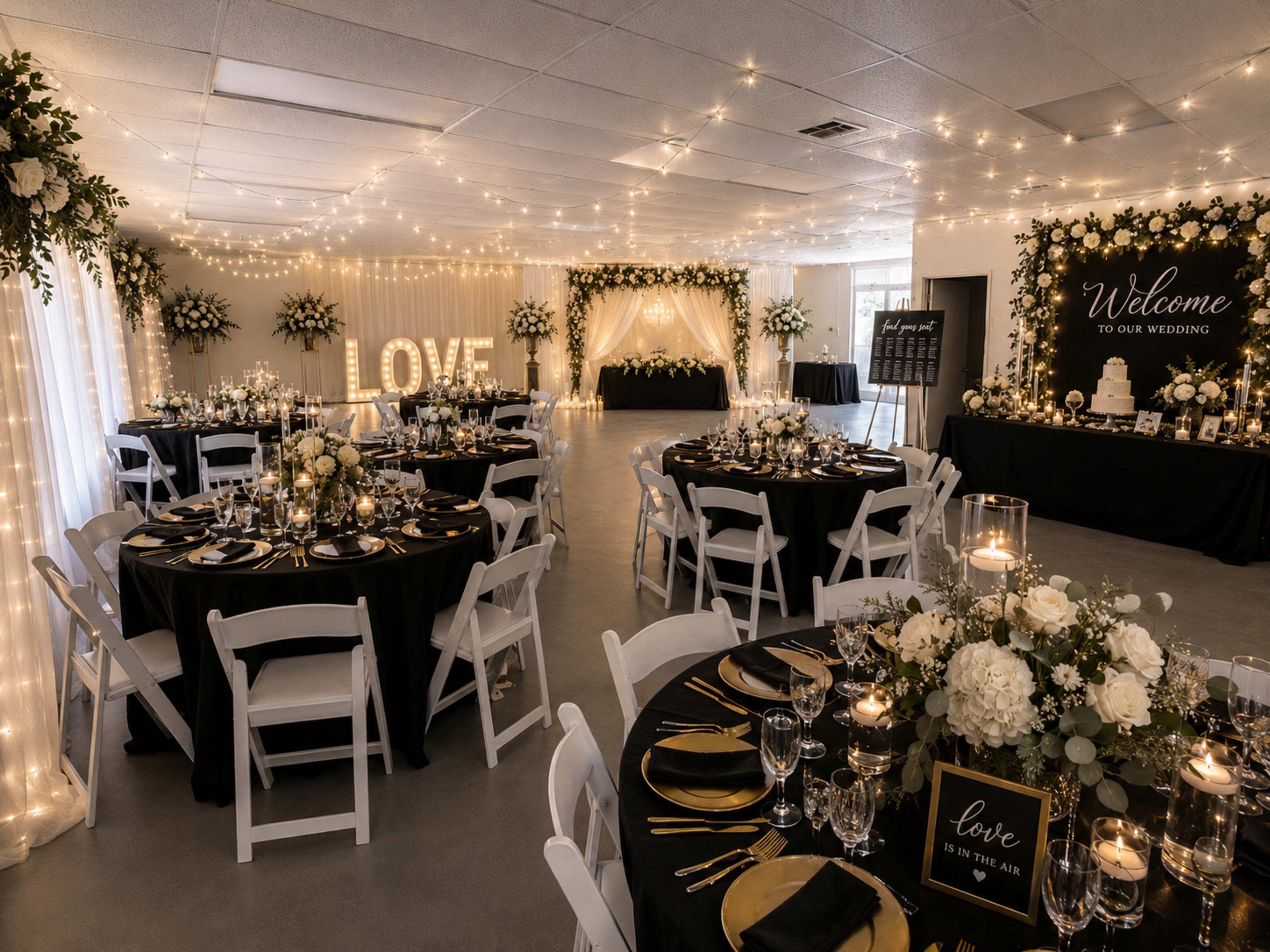 The image shows a beautifully arranged wedding reception with black and gold decor, tables set with white flowers and elegant tableware, and a backdrop featuring the words "Welcome to Our Wedding."