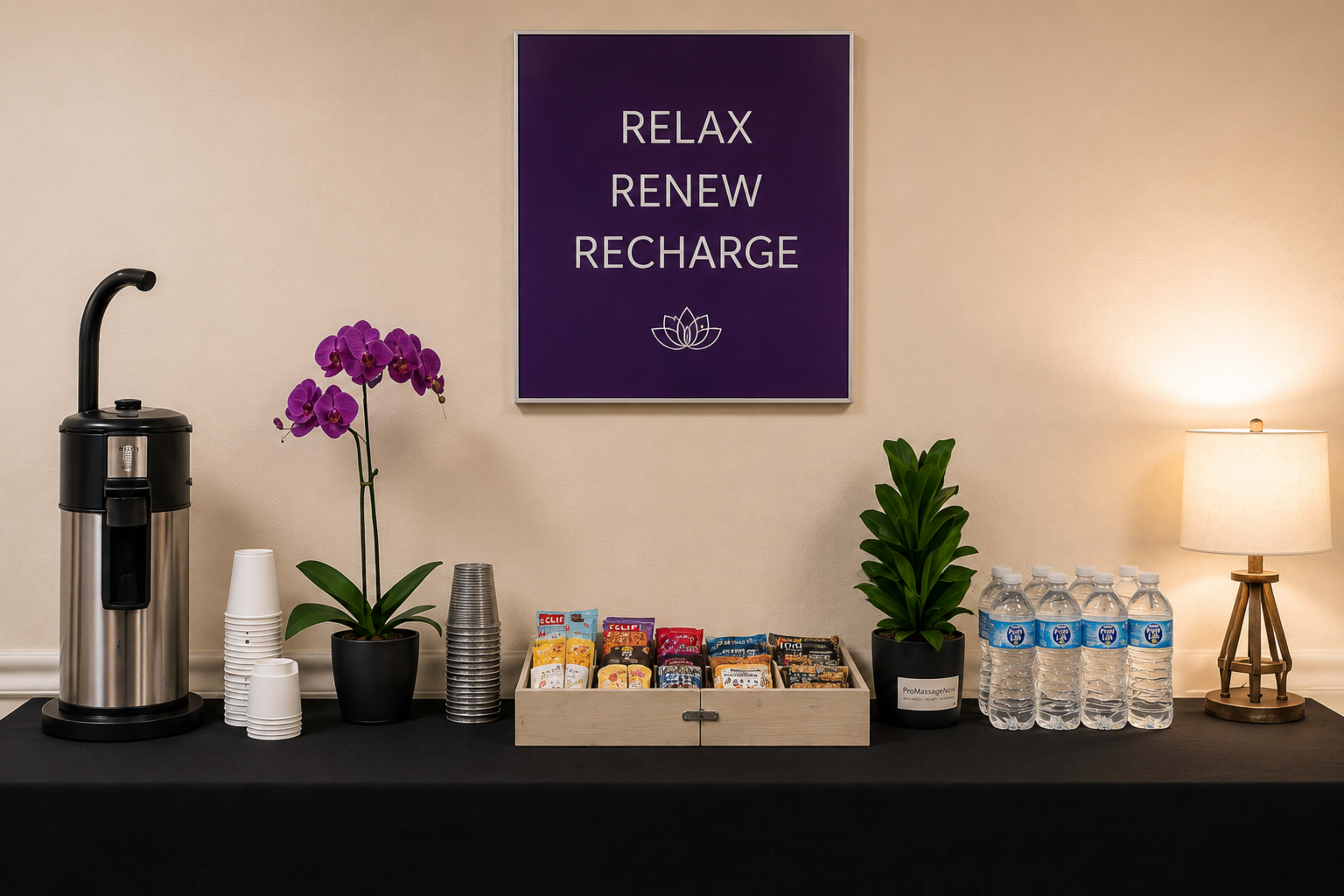 The image shows a refreshment table with a coffee urn, cups, snacks, bottled water, a potted plant, and a lamp, all under a sign that reads "RELAX RENEW RECHARGE."