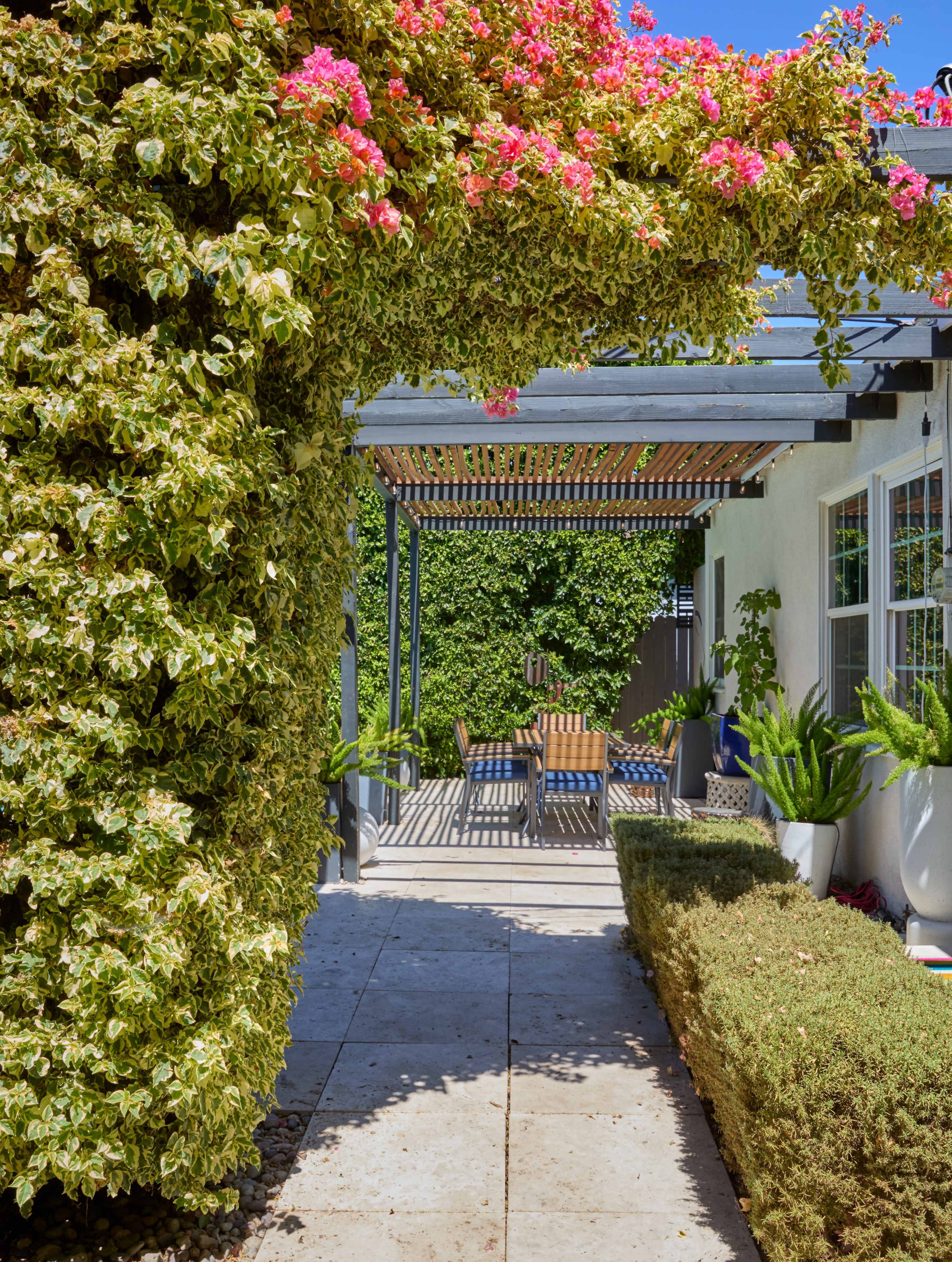 The image shows a pathway leading to a patio area shaded by a trellis with climbing plants and a dining set under the structure.