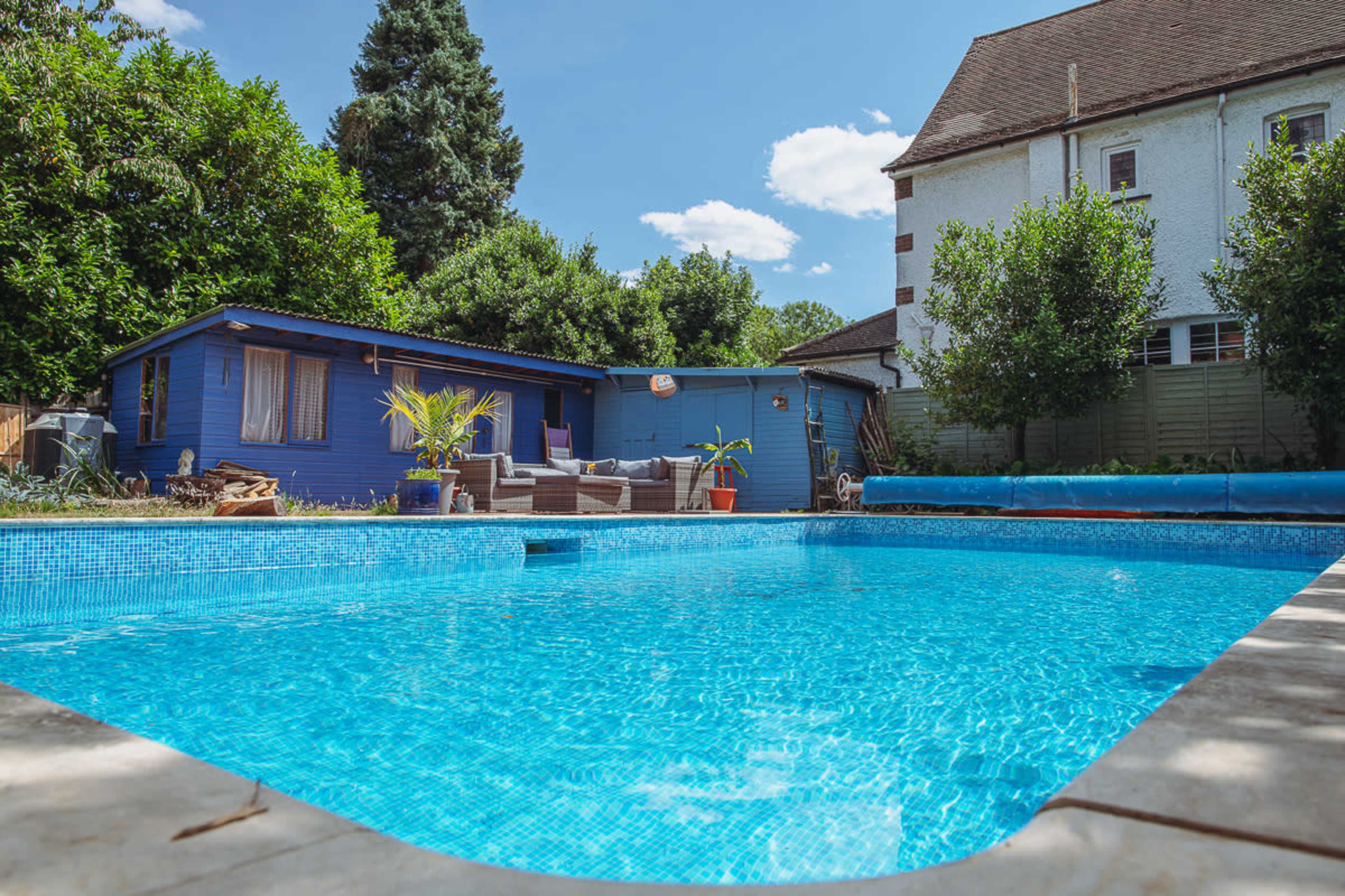 A clear blue swimming pool in a backyard with a blue shed and lounge area surrounded by greenery.