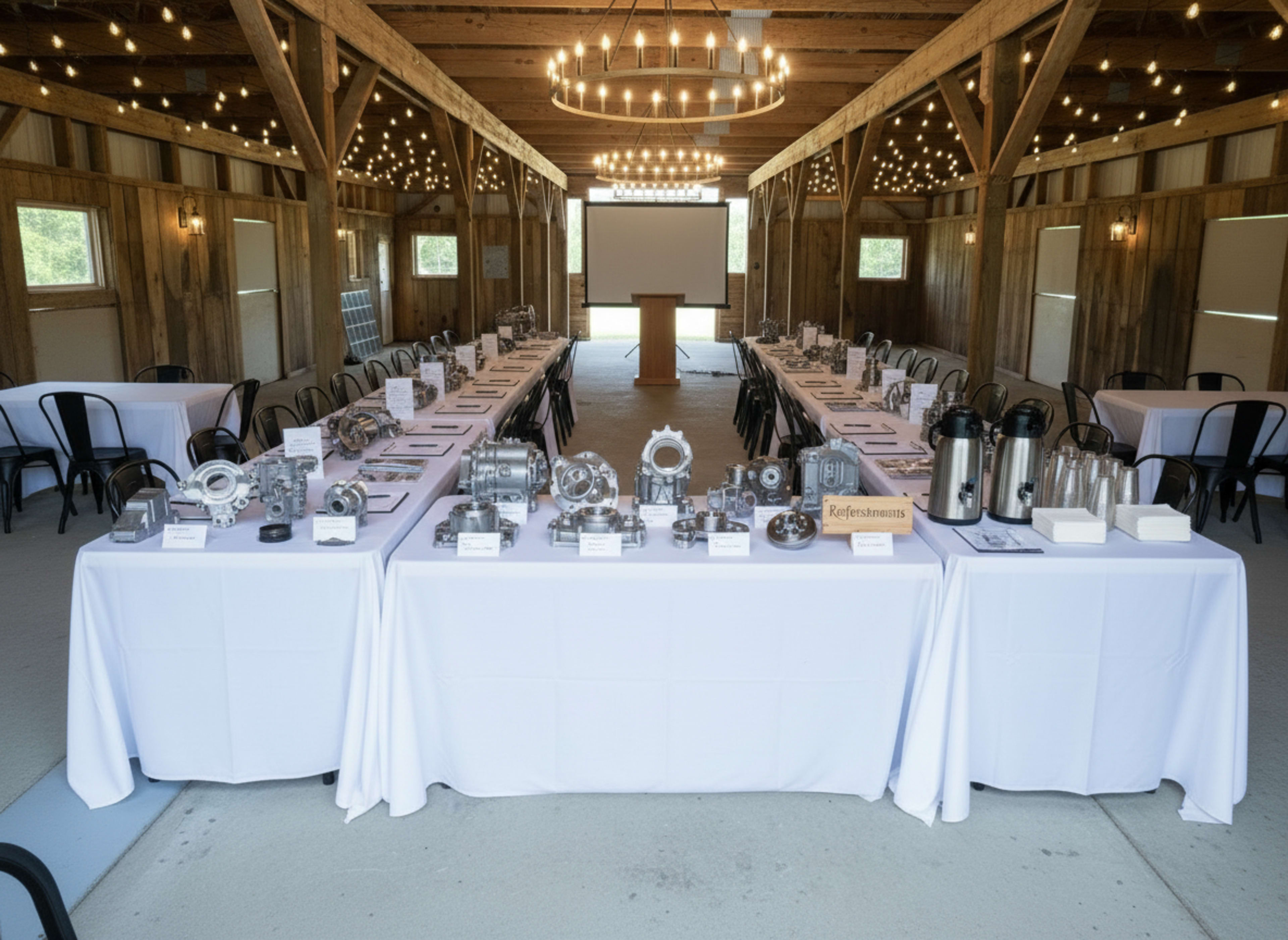 A spacious barn interior features a long table set with various industrial components and refreshments, complemented by a podium and overhead lighting.
