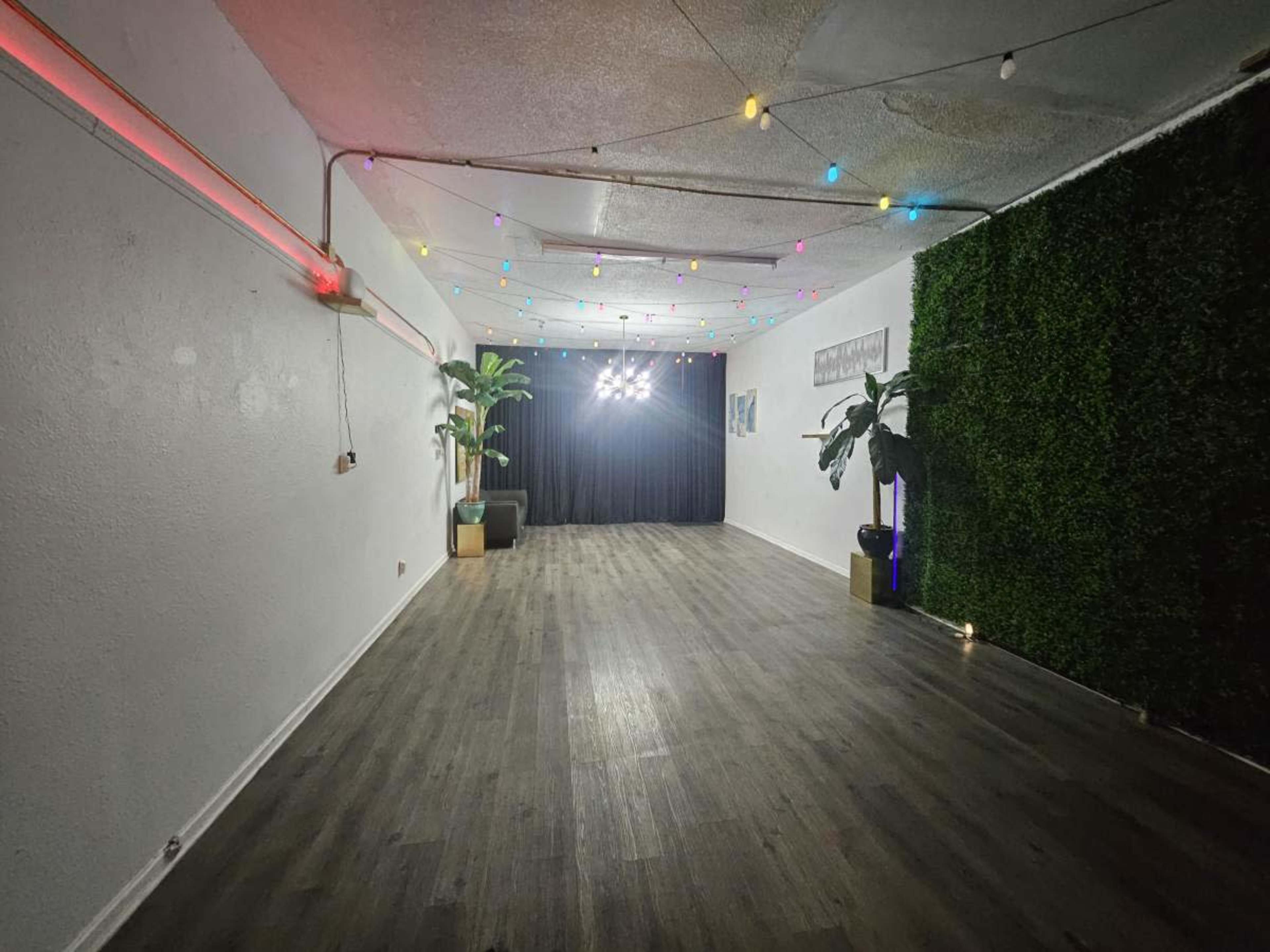 The image shows a spacious room with wooden flooring, adorned with colorful string lights and a green foliage wall, leading to a dark curtain backdrop.