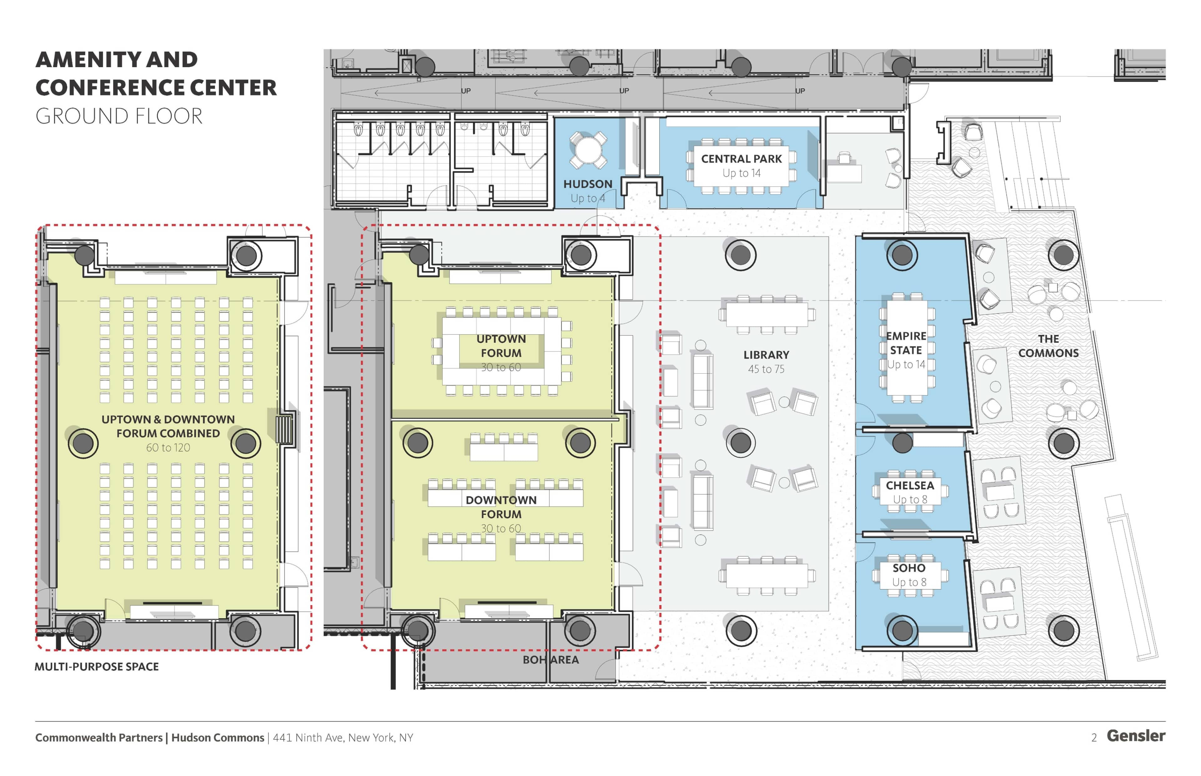 The image depicts the layout of the ground floor of an amenity and conference center, featuring designated areas such as the Uptown Forum, Downtown Forum, Library, and various meeting rooms.