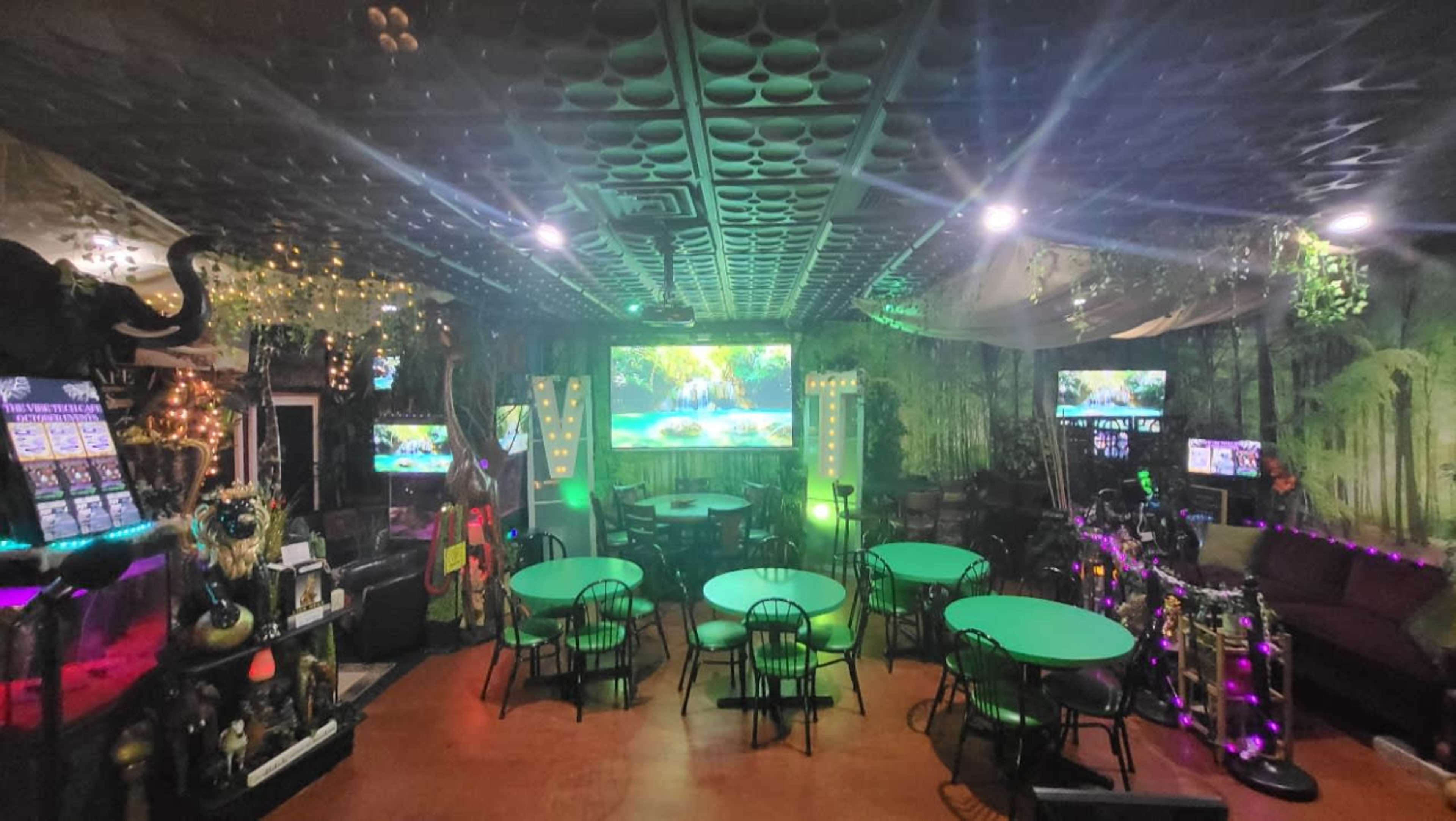 A vibrant bar or lounge with green-topped tables, multiple screens displaying nature scenes, and eclectic decor.
