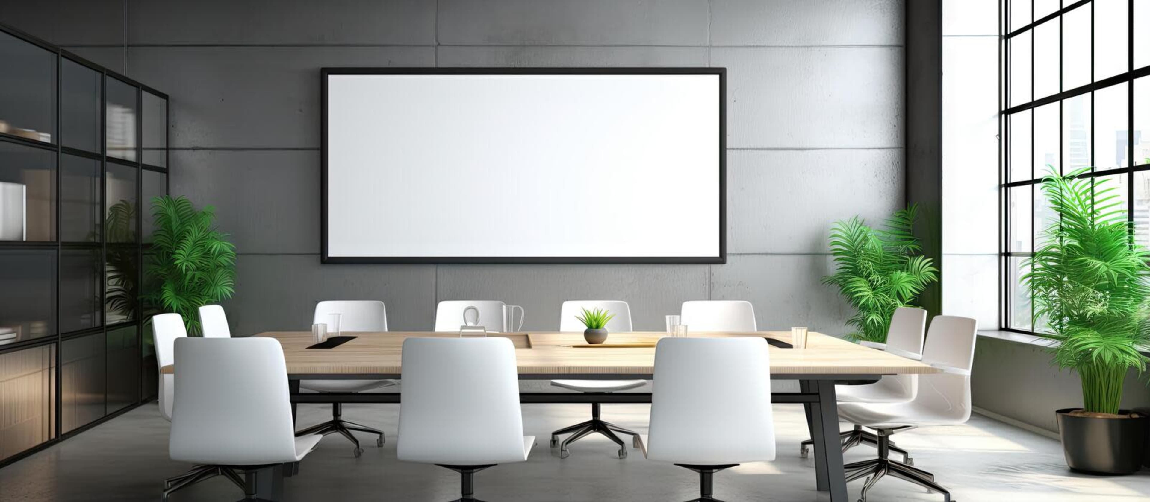 A modern conference room features a long wooden table surrounded by white chairs, with a large blank screen and floor-to-ceiling windows illuminating the space.