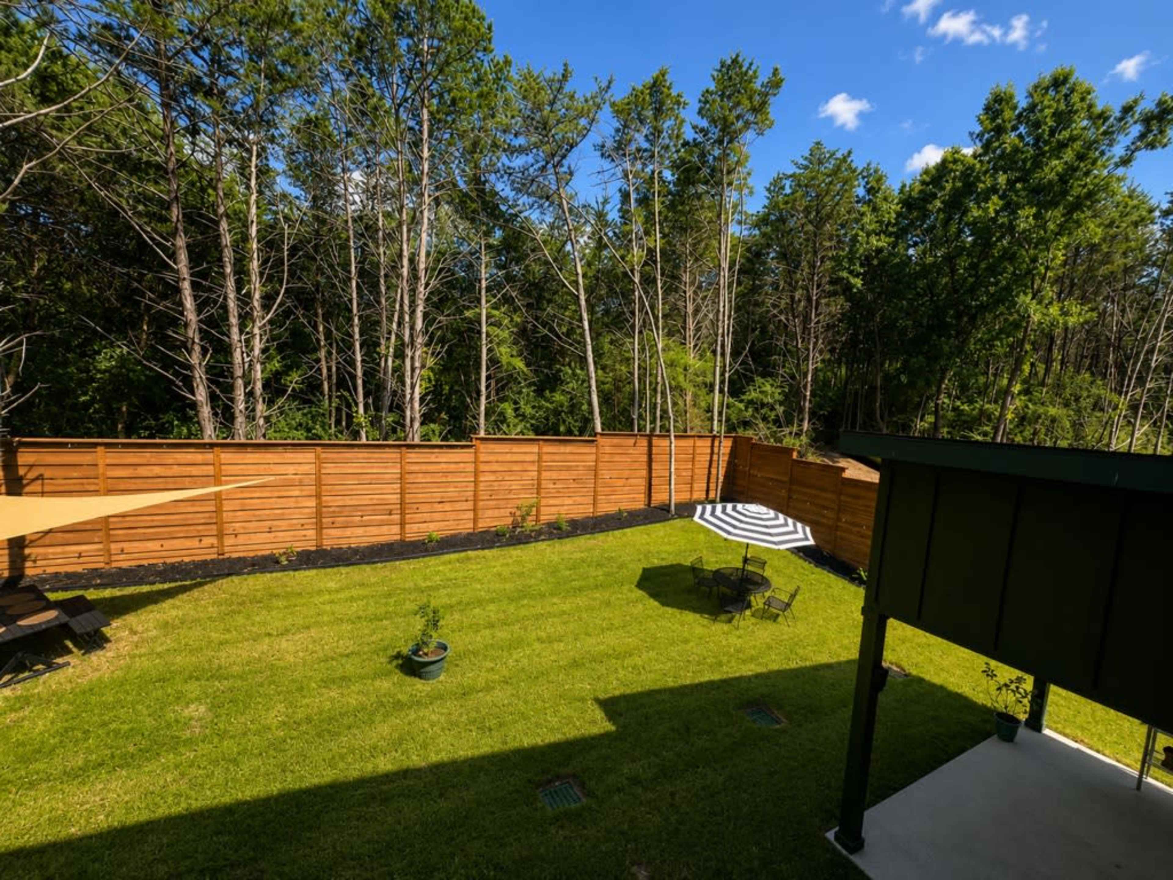 The image shows a well-maintained backyard with a green lawn, a wooden fence, and a patterned area rug, surrounded by trees.