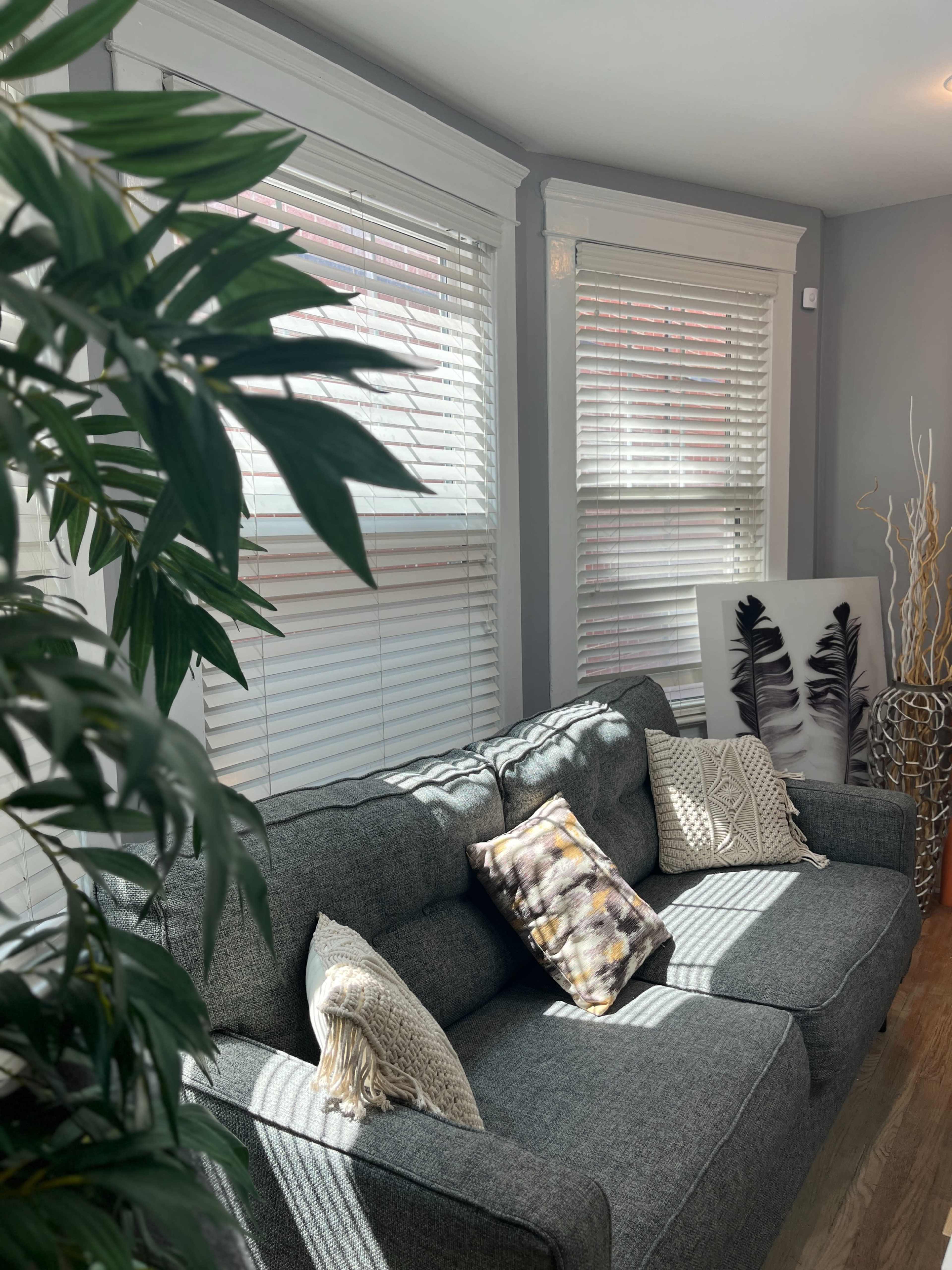 A gray couch with decorative pillows is positioned in a bright room, featuring large windows with white blinds and decorative plants nearby.
