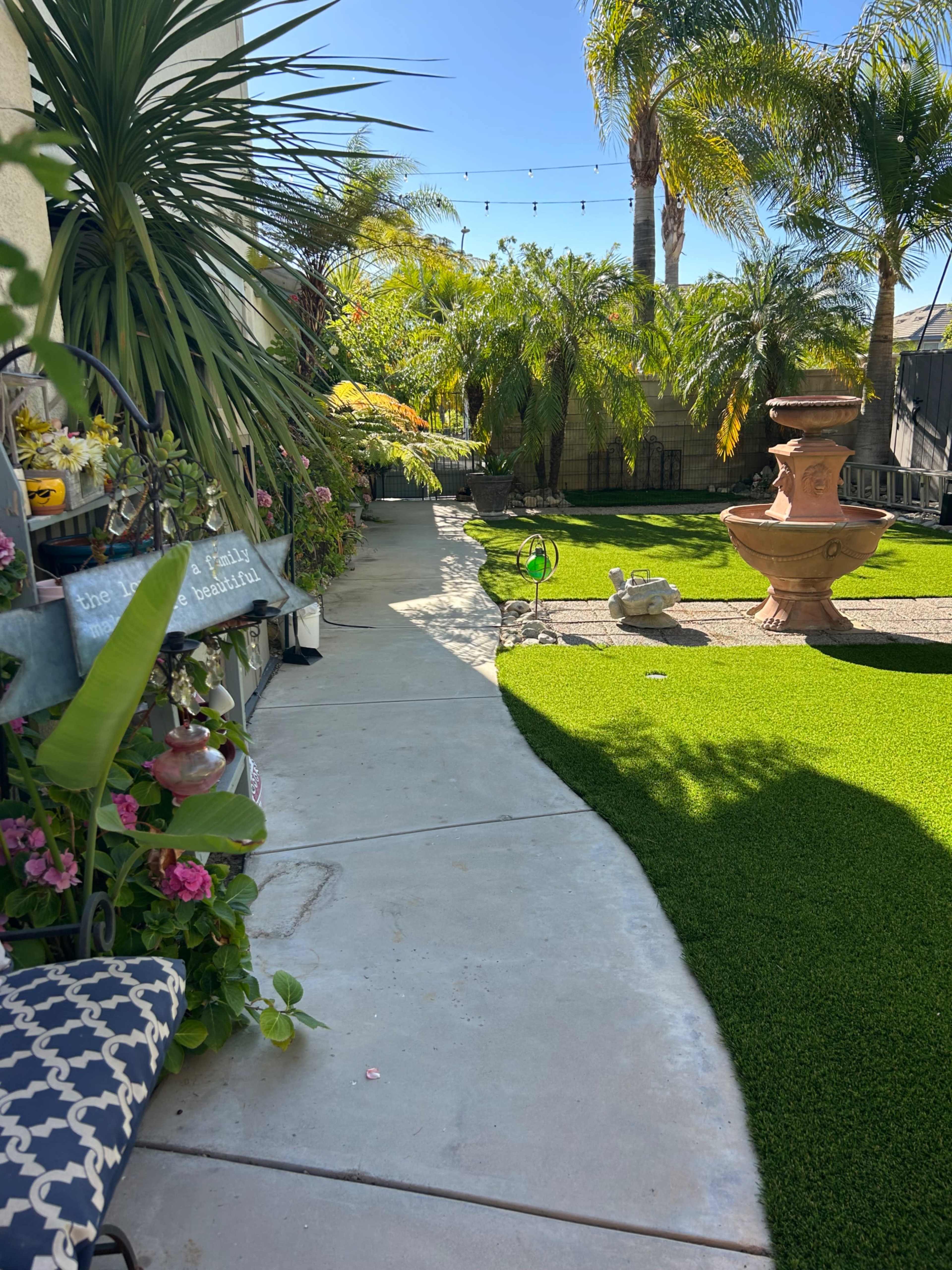 The image shows a landscaped garden path lined with plants, leading to a decorative fountain surrounded by greenery and palm trees under a clear blue sky.