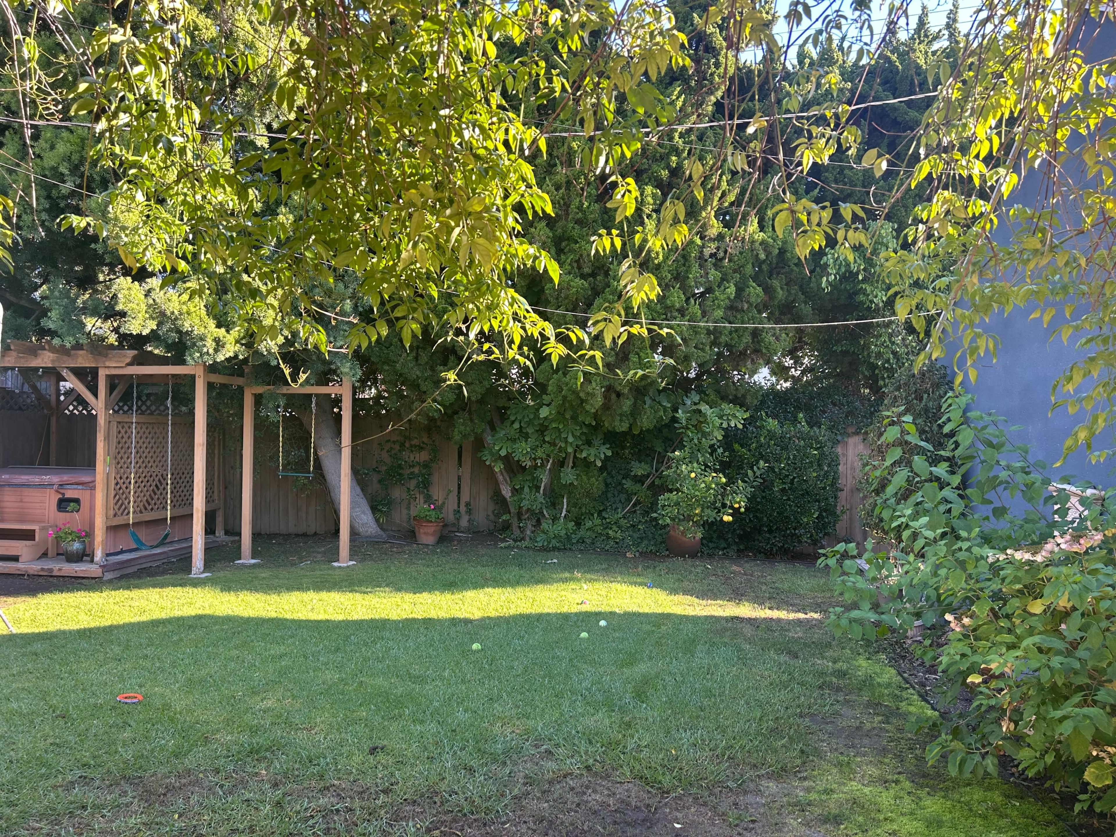The image shows a backyard with a grassy area, a wooden structure, a hot tub, and trees providing shade.