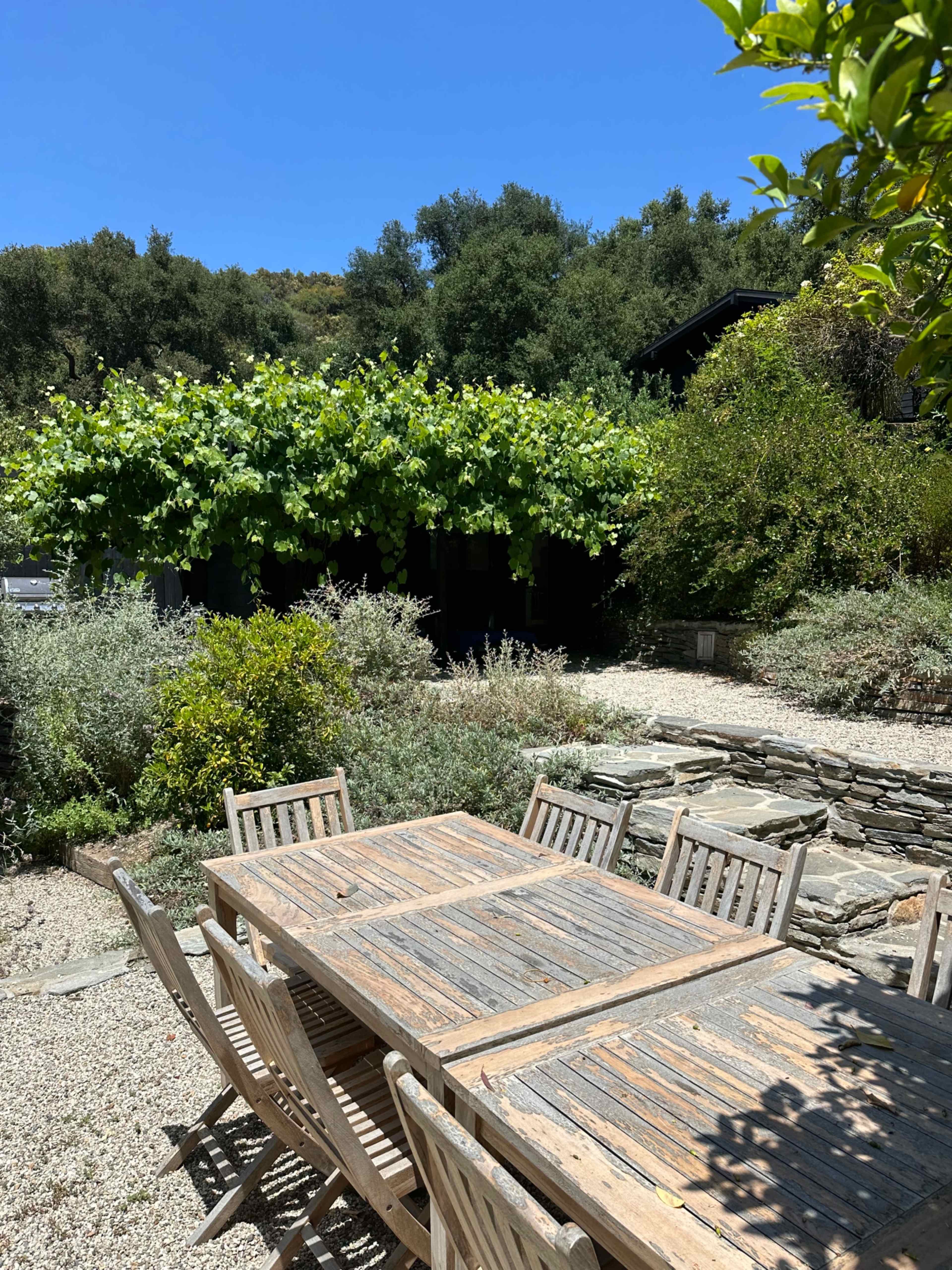 A wooden dining table is set under a clear blue sky, surrounded by lush greenery and stone pathways.