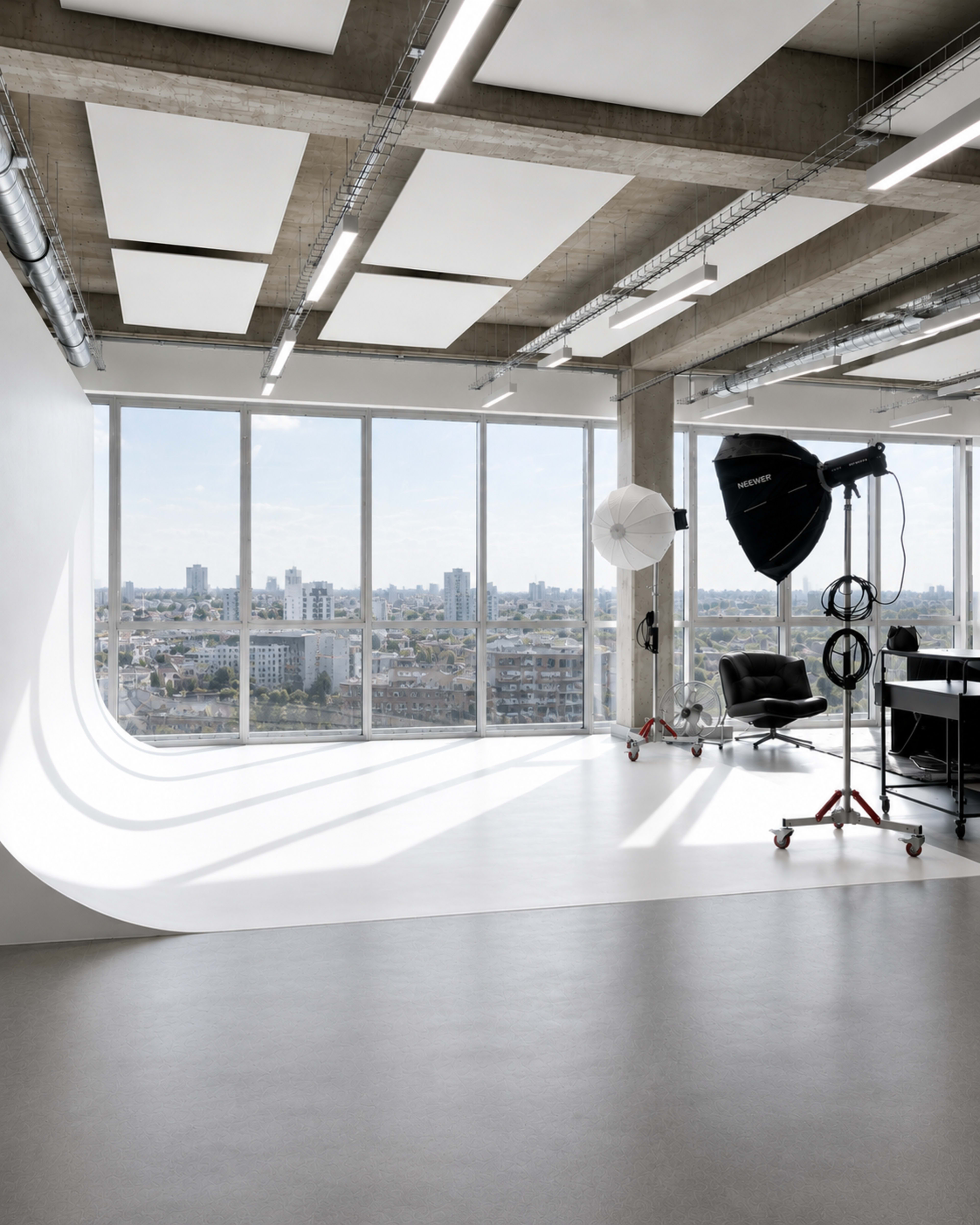 The image shows a modern office space with large windows overlooking a city skyline, featuring a seamless backdrop, studio lighting equipment, and a sleek chair.