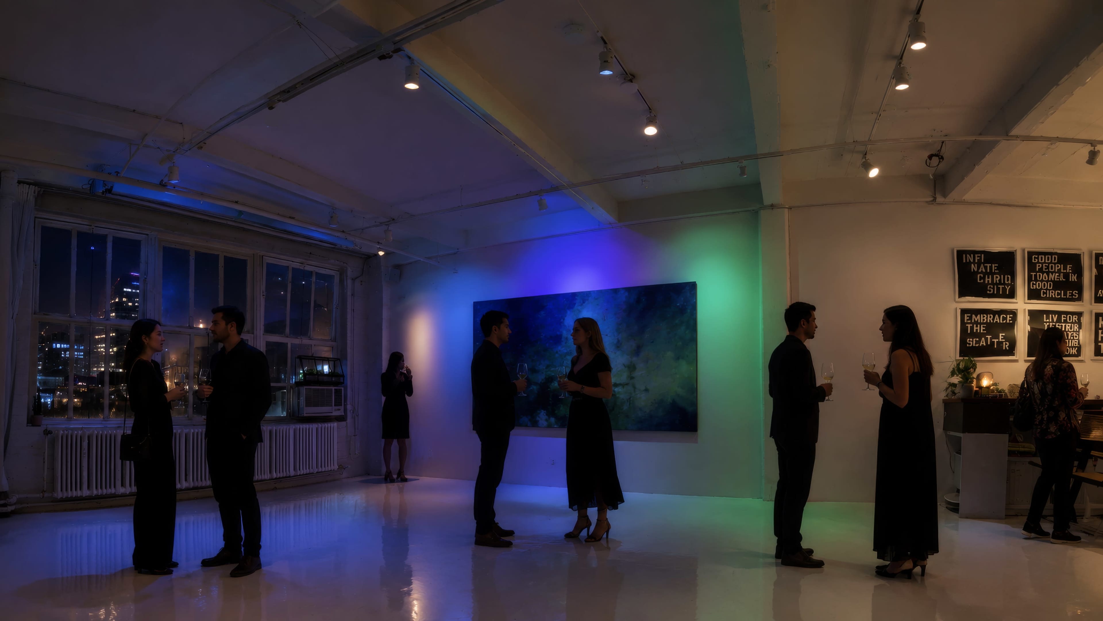 A group of elegantly dressed individuals engages in conversation within a brightly lit gallery featuring colorful ambient lighting and contemporary artwork on the walls.