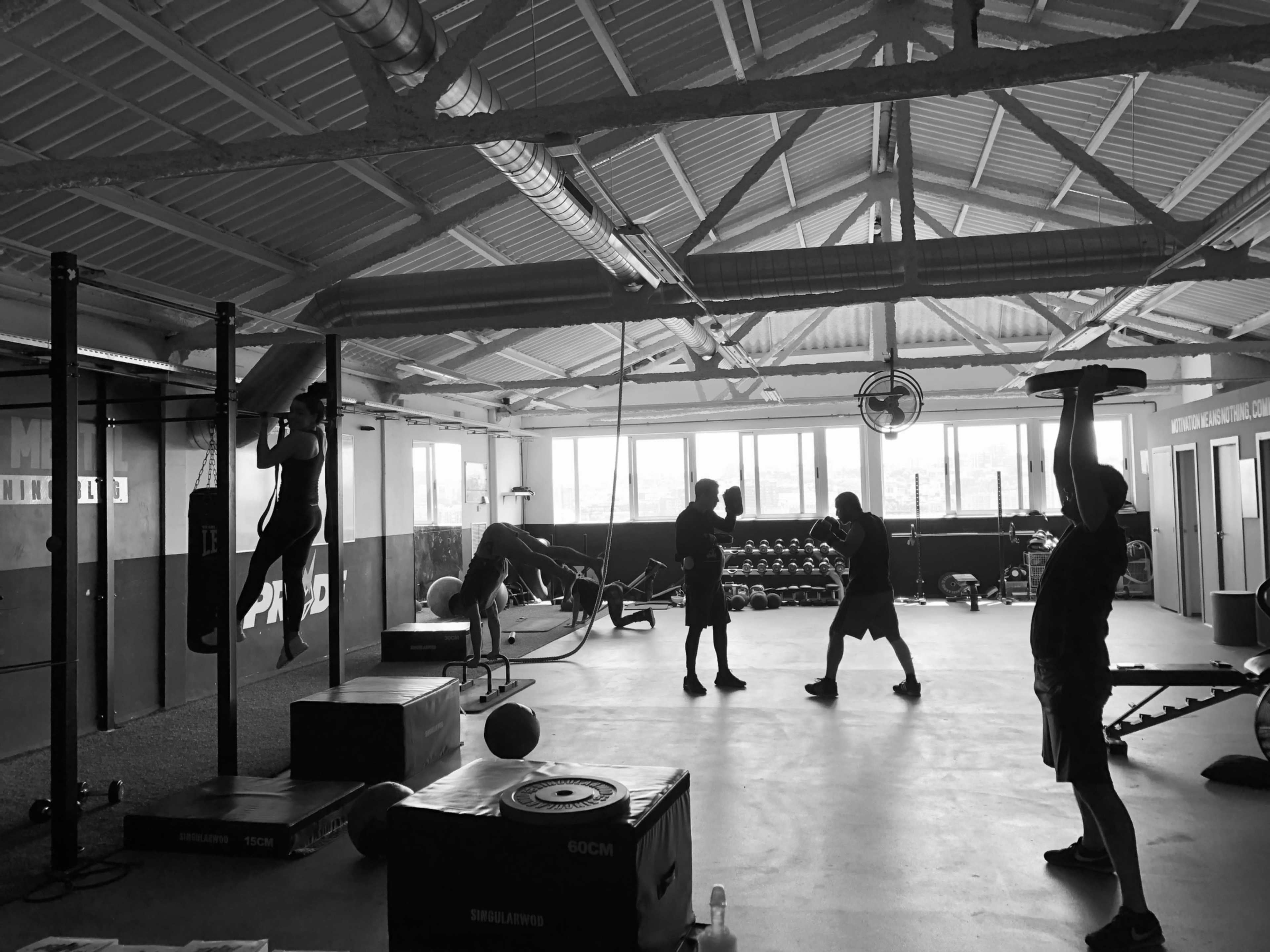 A gym interior features several people engaged in various strength and conditioning exercises, including pull-ups and weights.