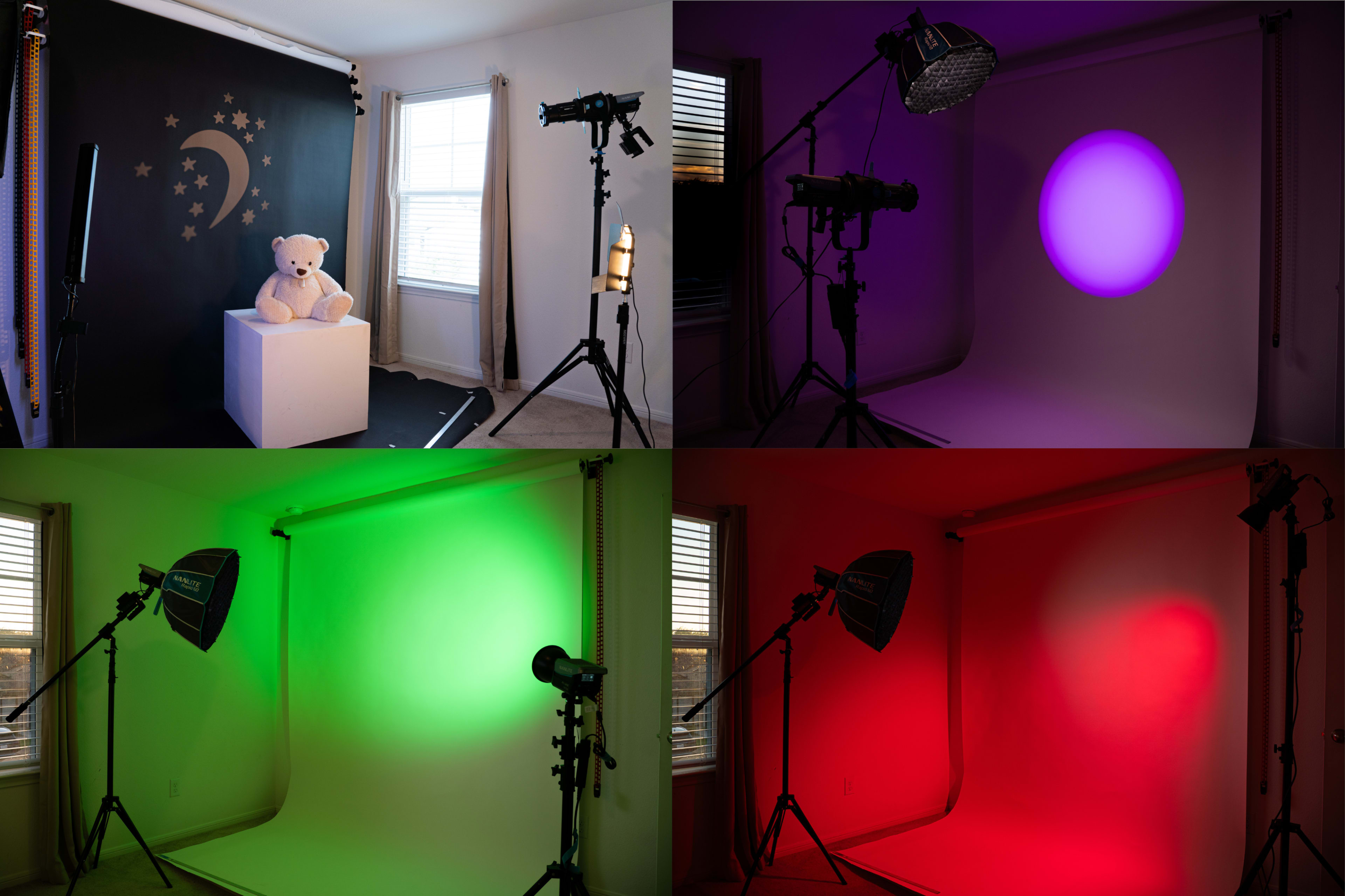 The image shows a photography studio divided into four sections with various colored backdrops and lighting setups, featuring a teddy bear on a pedestal in the top left section.