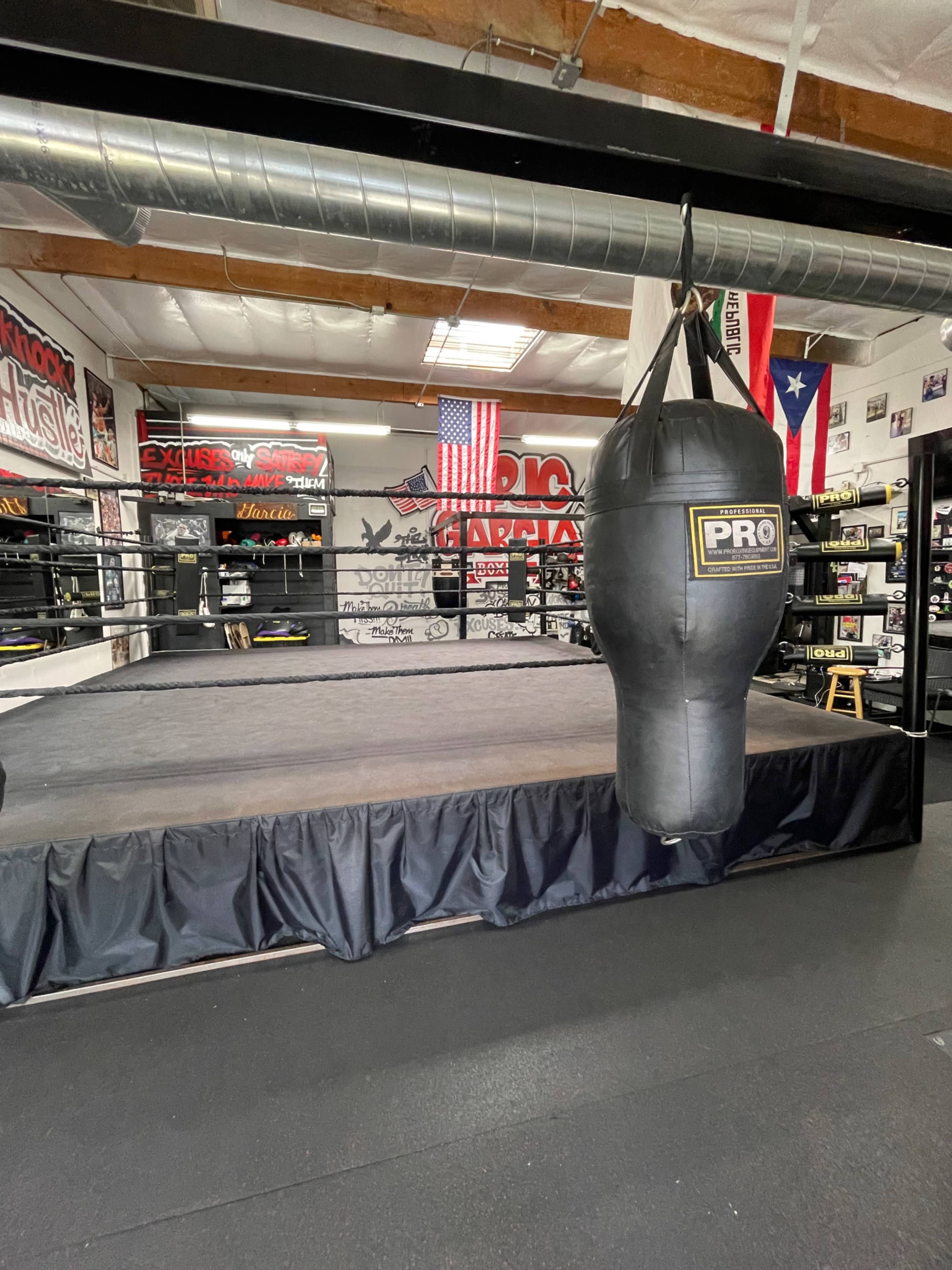 A boxing gym with a ring, a hanging heavy bag, and various gym equipment along the walls.