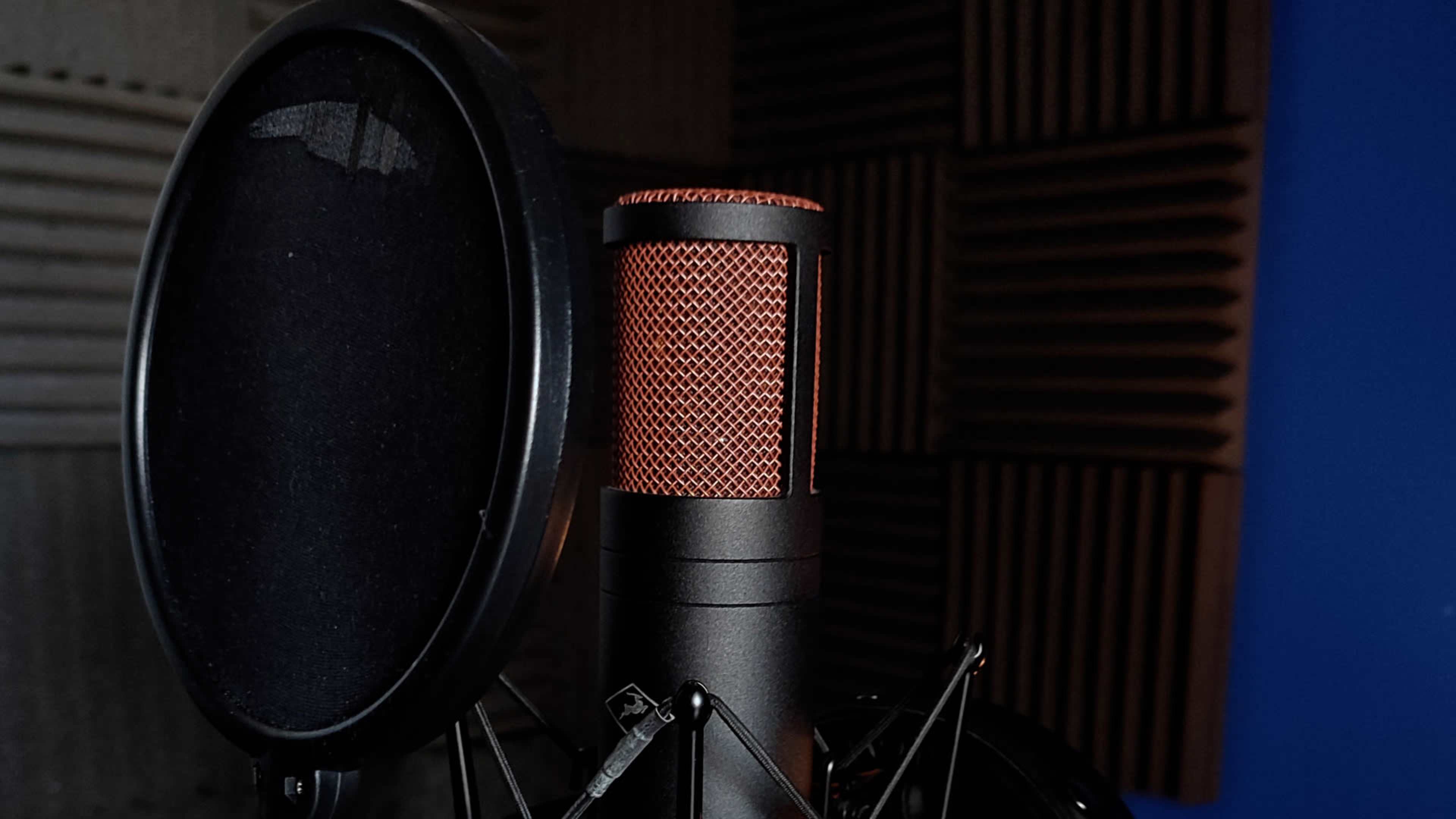 A black microphone with an orange mesh cover is positioned next to a pop filter in a soundproof studio.
