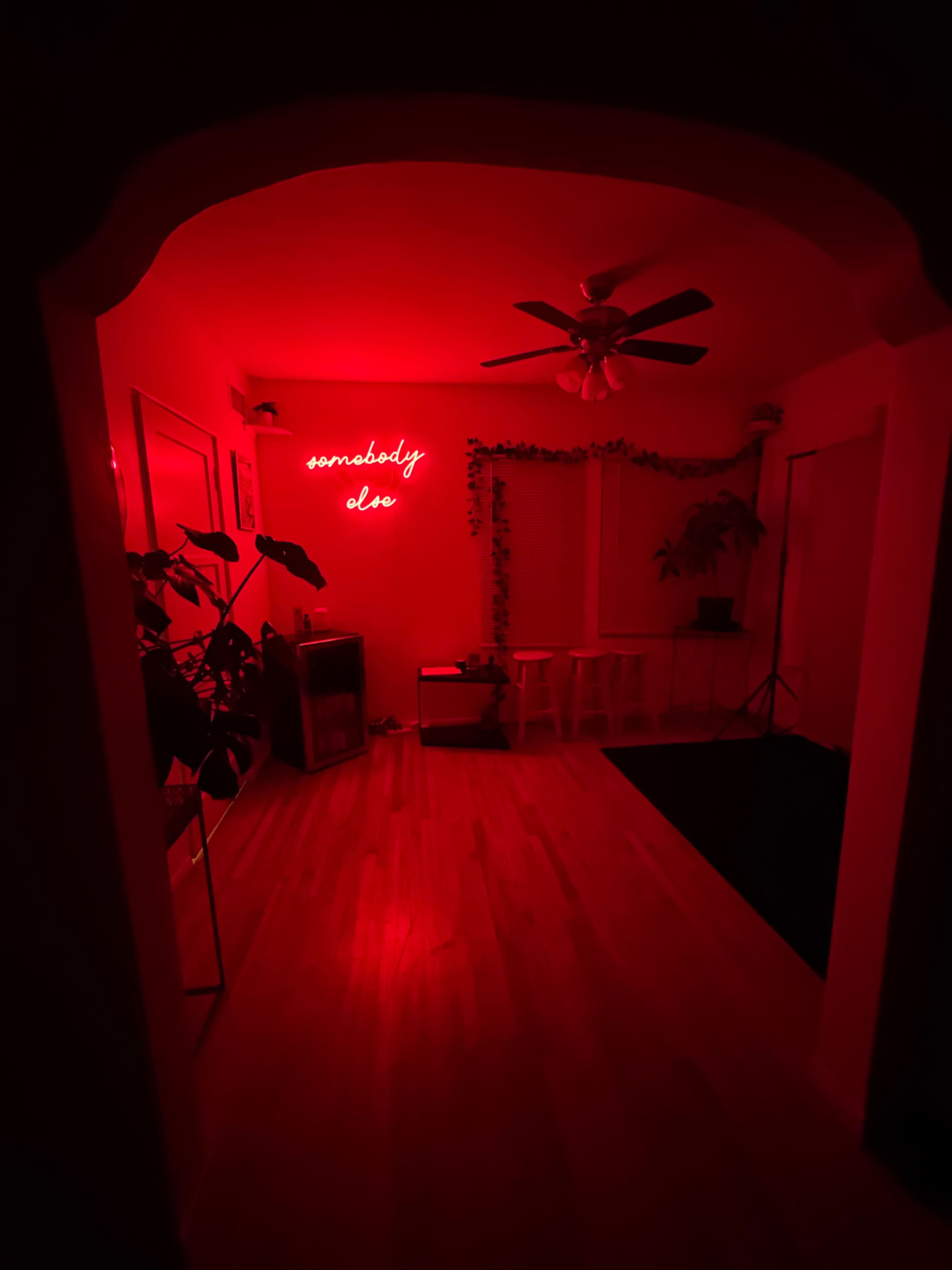A hallway is illuminated by red light, featuring a neon sign that reads "somebody else" and plants arranged around the space.