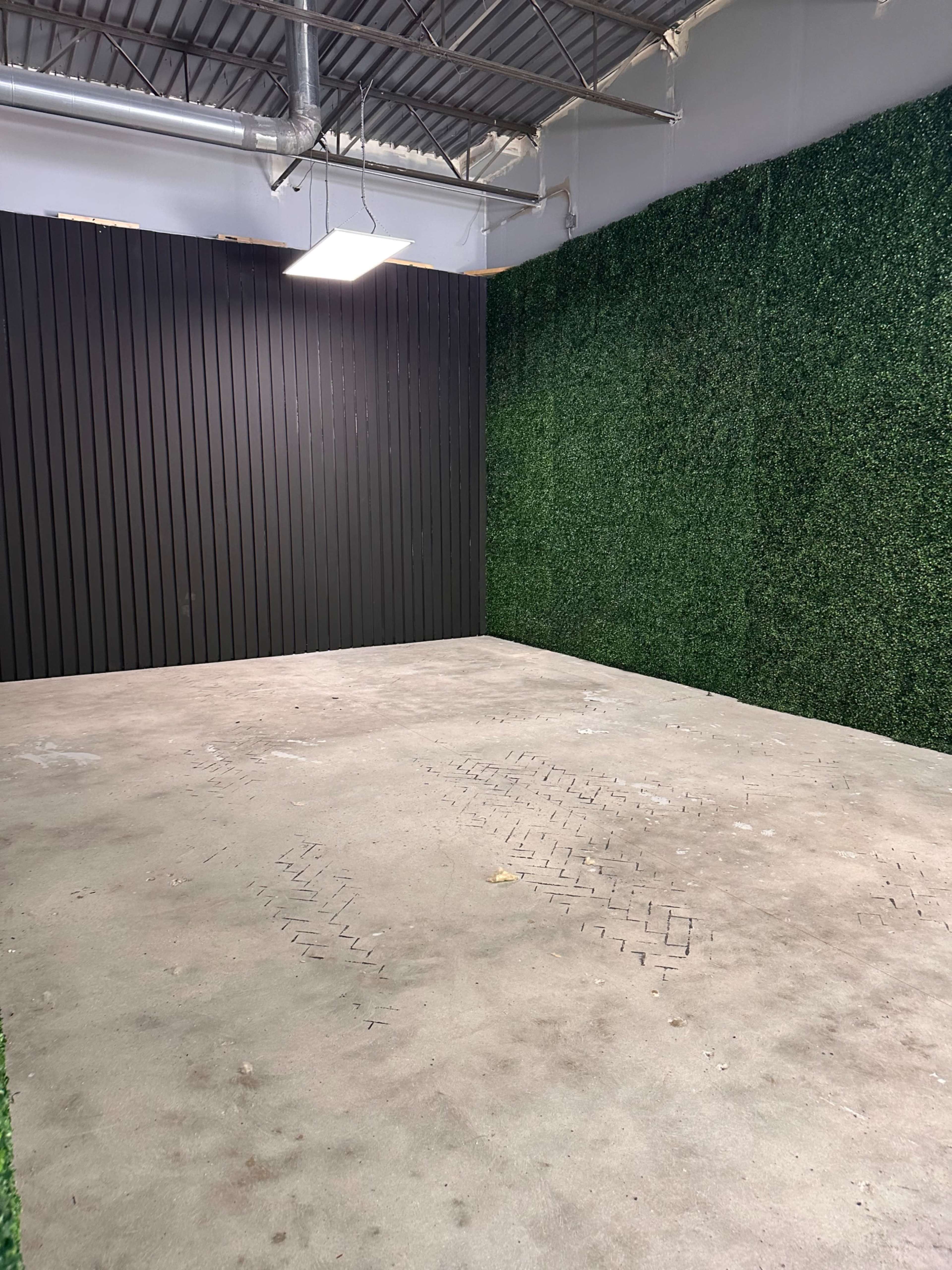 The image shows an empty interior space with one black wall and two green walls covered in artificial grass, featuring a concrete floor.