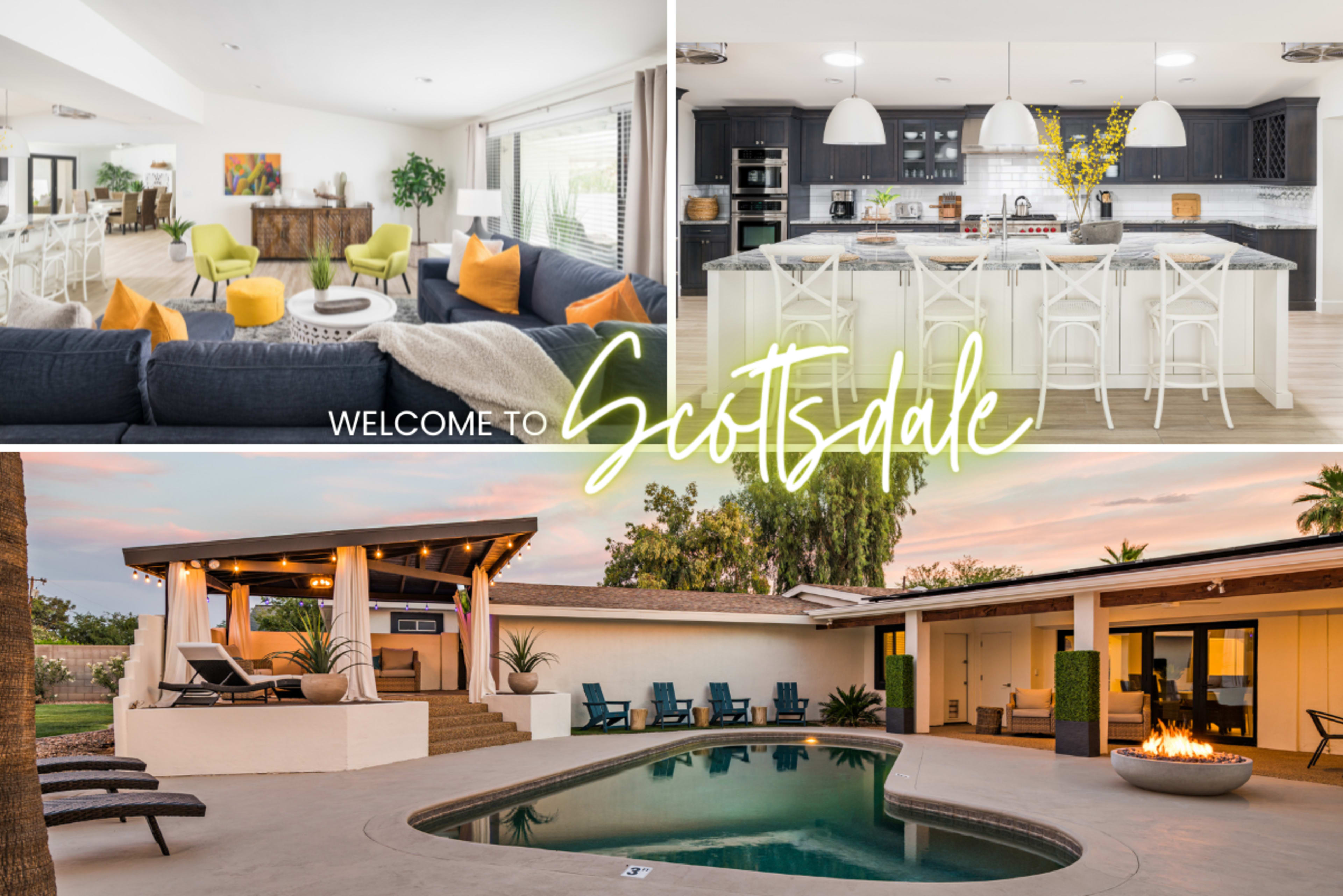 A modern living space with a cozy lounge area, a stylish kitchen, and an outdoor poolside area featuring lounge chairs and a fire pit.