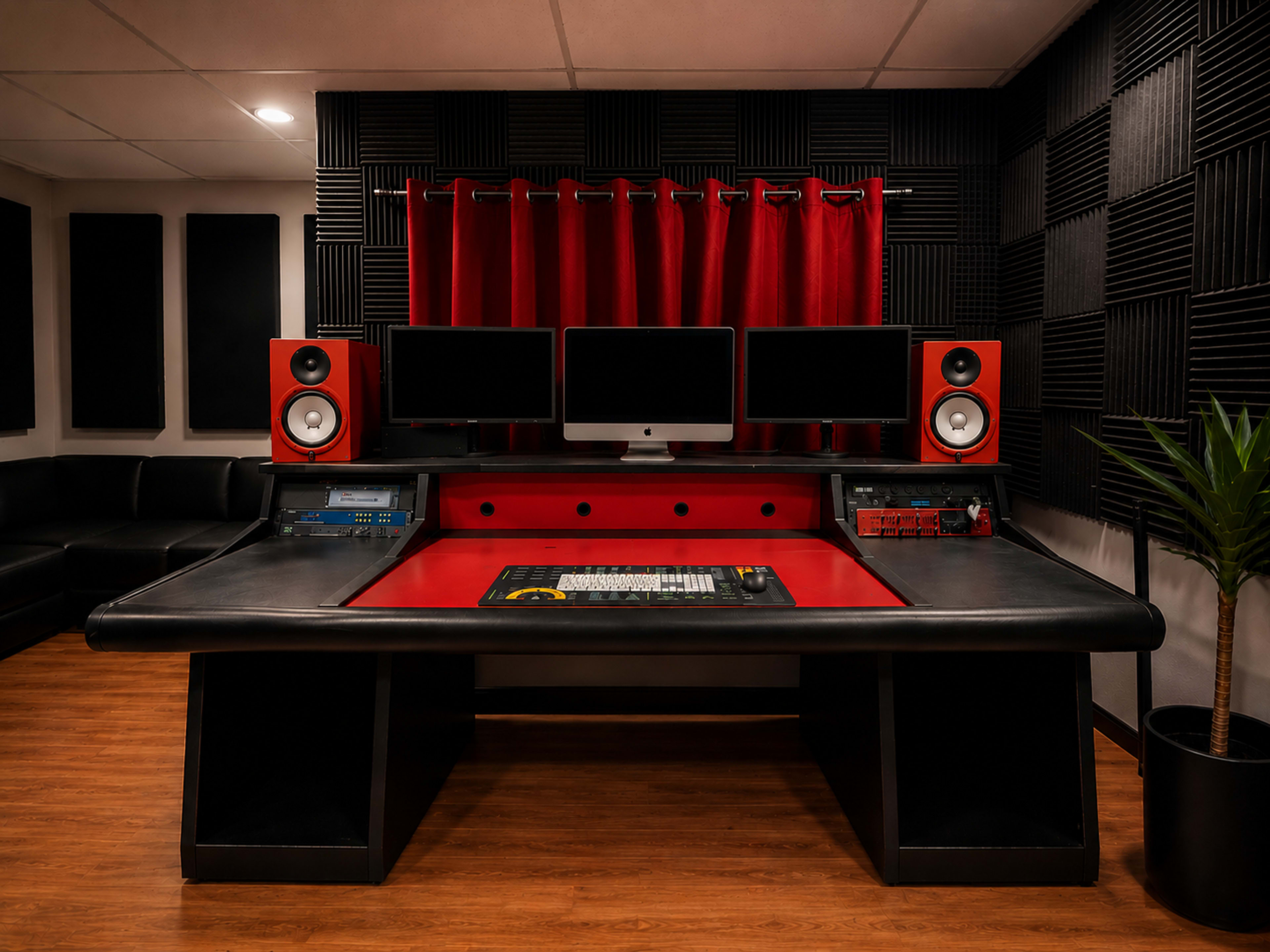 The image shows a modern recording studio featuring a large black and red workstation, two monitor speakers, three computer screens, and soundproofed walls with a red curtain.