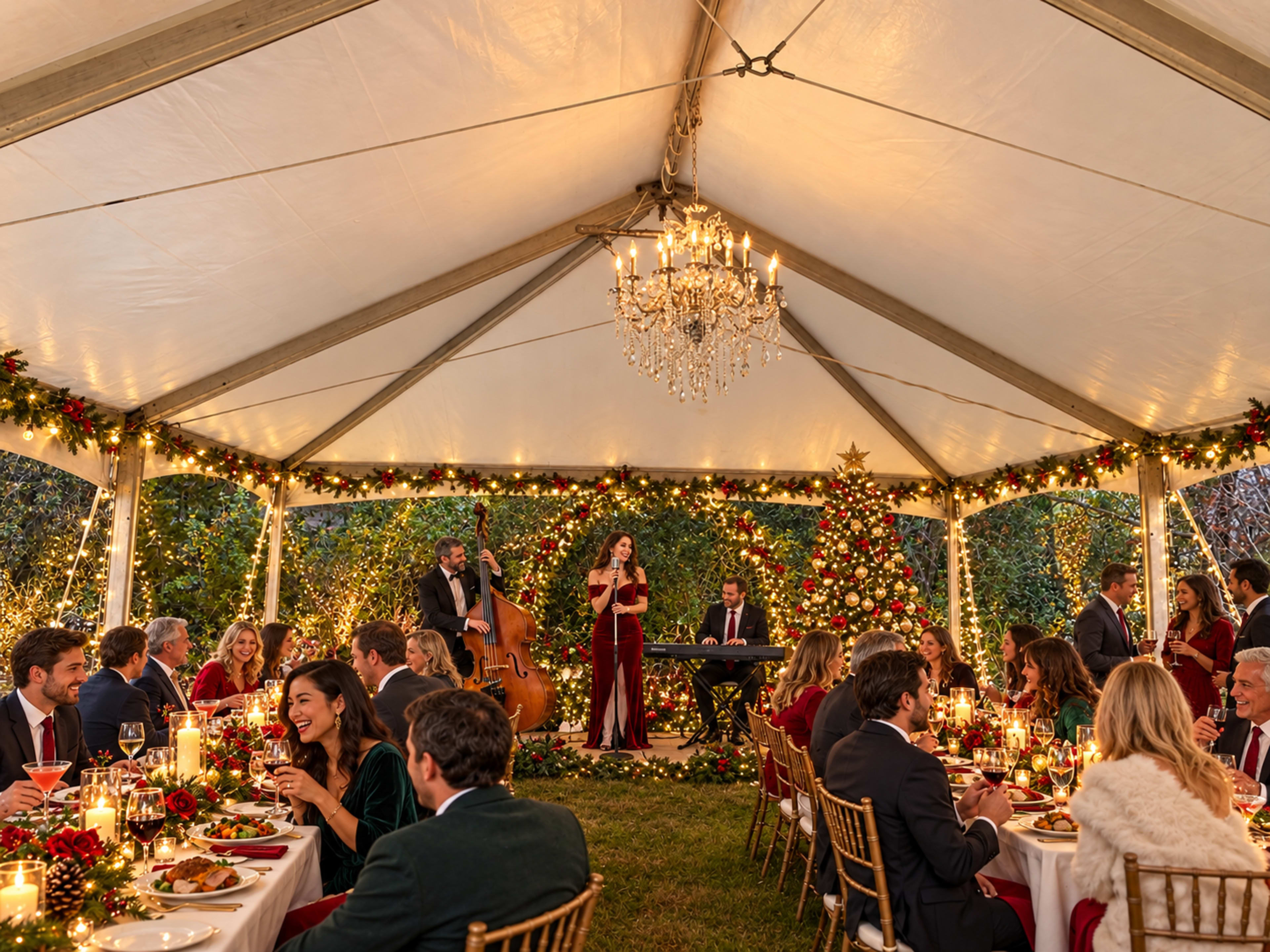 A festive outdoor tent is decorated for a holiday celebration, featuring a string quartet and singer performing near a beautifully adorned Christmas tree, while guests enjoy dinner at elegantly set tables.