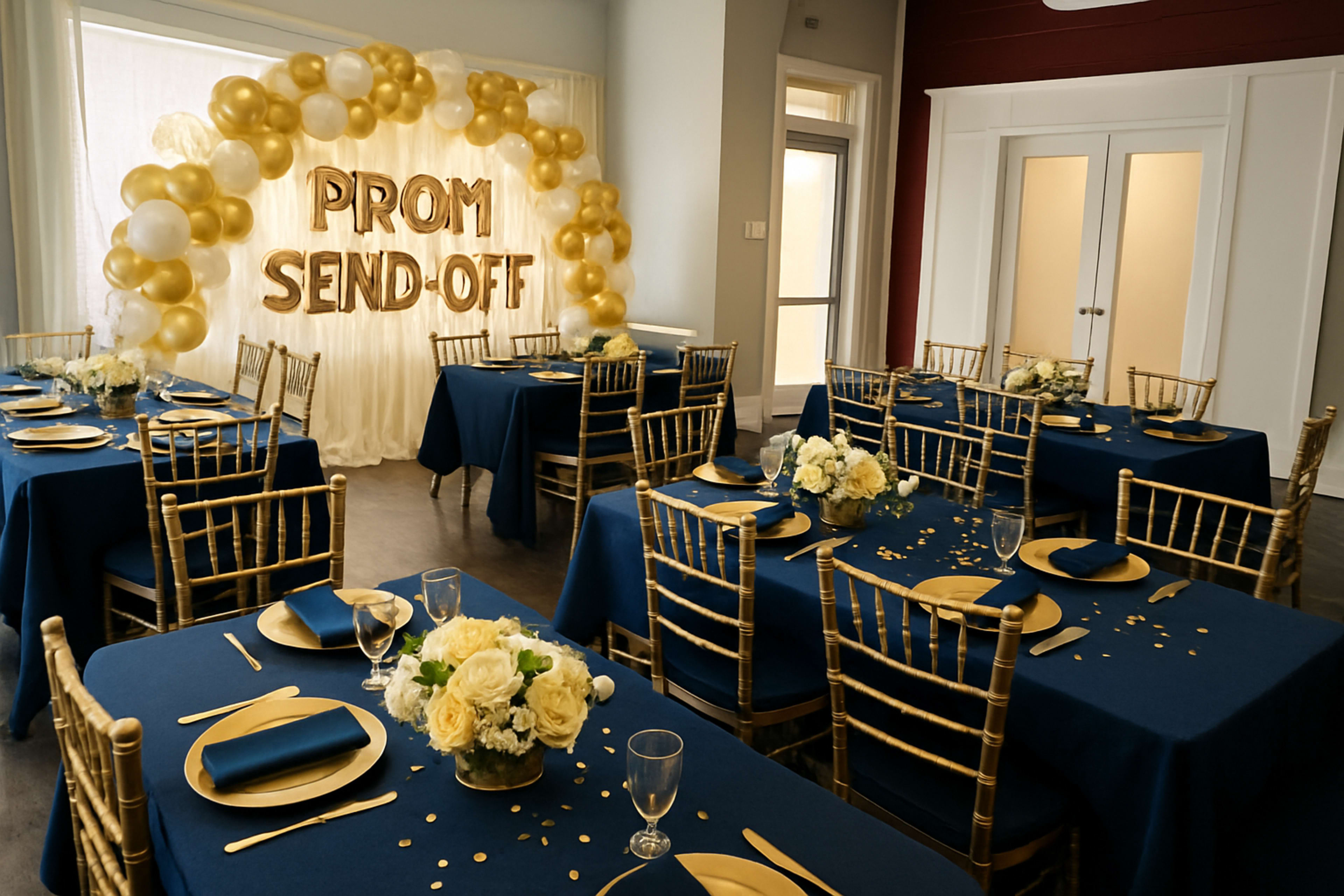 A decorated event space features tables set with navy blue tablecloths, gold dinnerware, and floral centerpieces, while a backdrop displays "PROM SEND-OFF" in balloons.