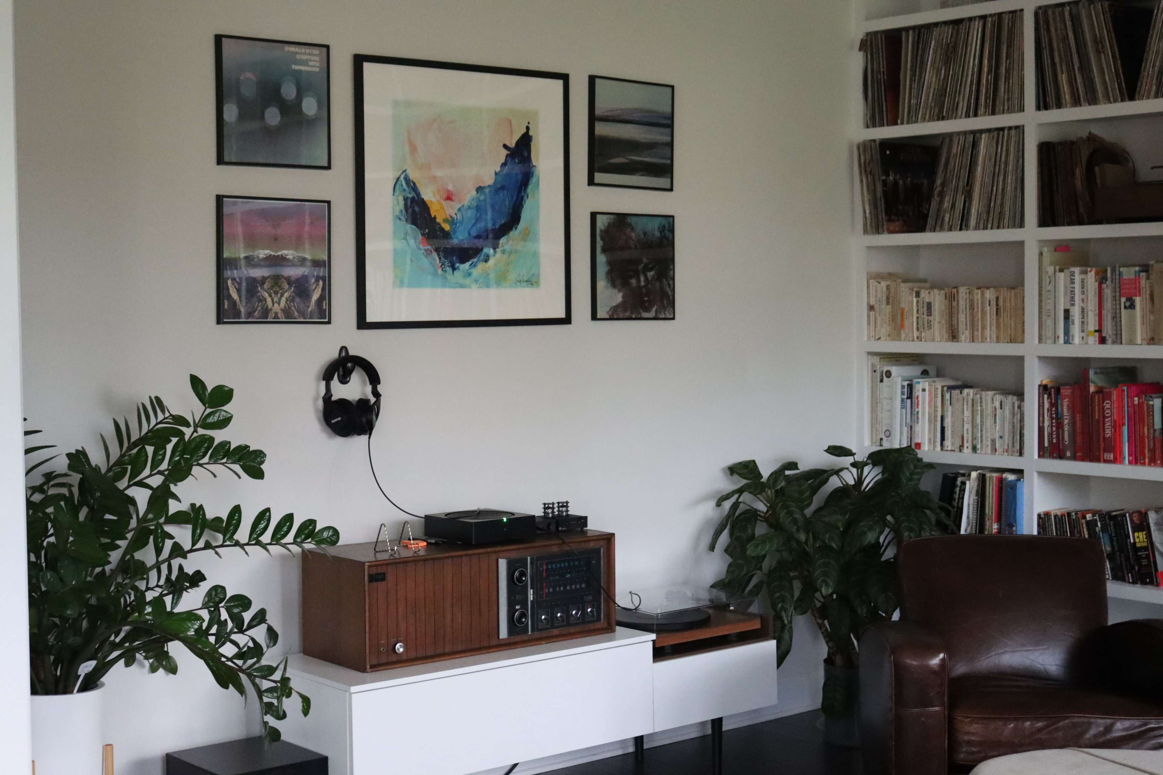 A living room wall features framed artwork above a vintage audio system, flanked by plants and a bookshelf filled with records and books.