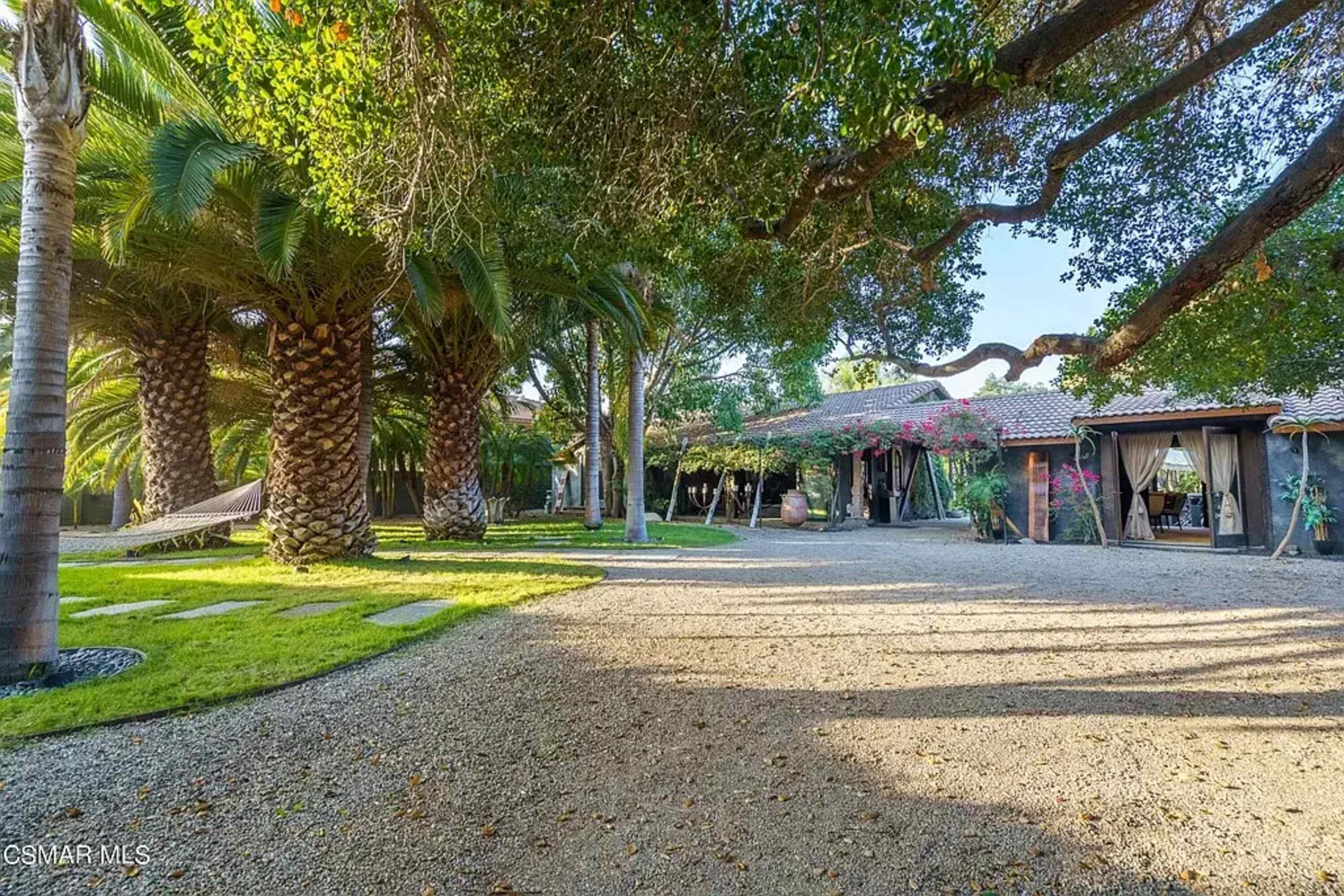 The image shows a landscaped outdoor area featuring palm trees, a hammock, and a rustic building surrounded by gravel pathways and greenery.